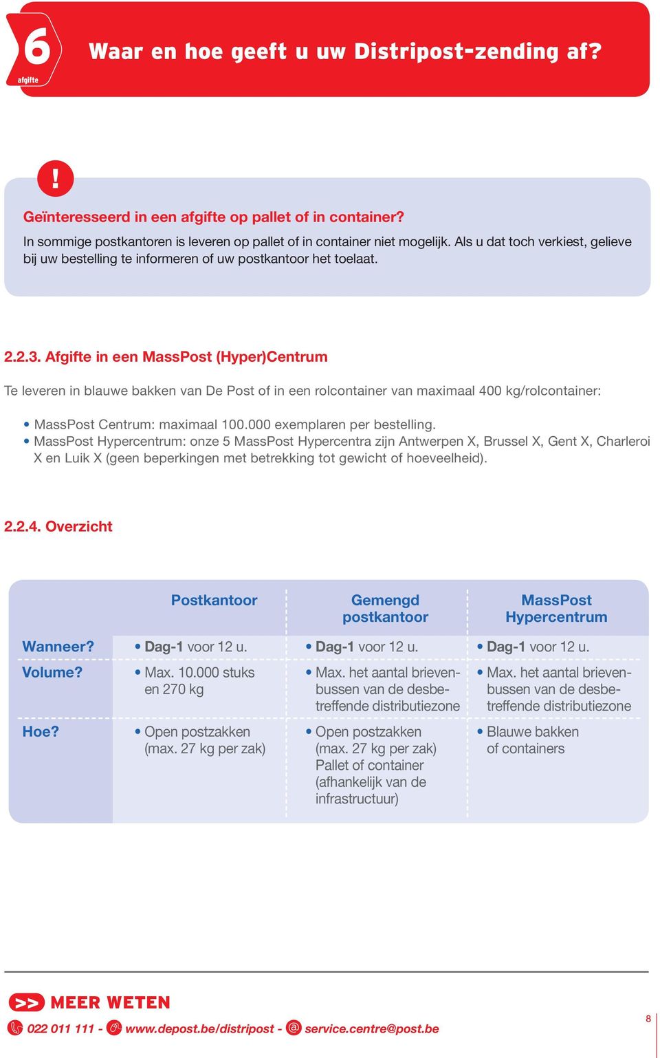 Afgifte in een MassPost (Hyper)Centrum Te leveren in blauwe bakken van De Post of in een rolcontainer van maximaal 400 kg/rolcontainer: MassPost Centrum: maximaal 100.000 exemplaren per bestelling.