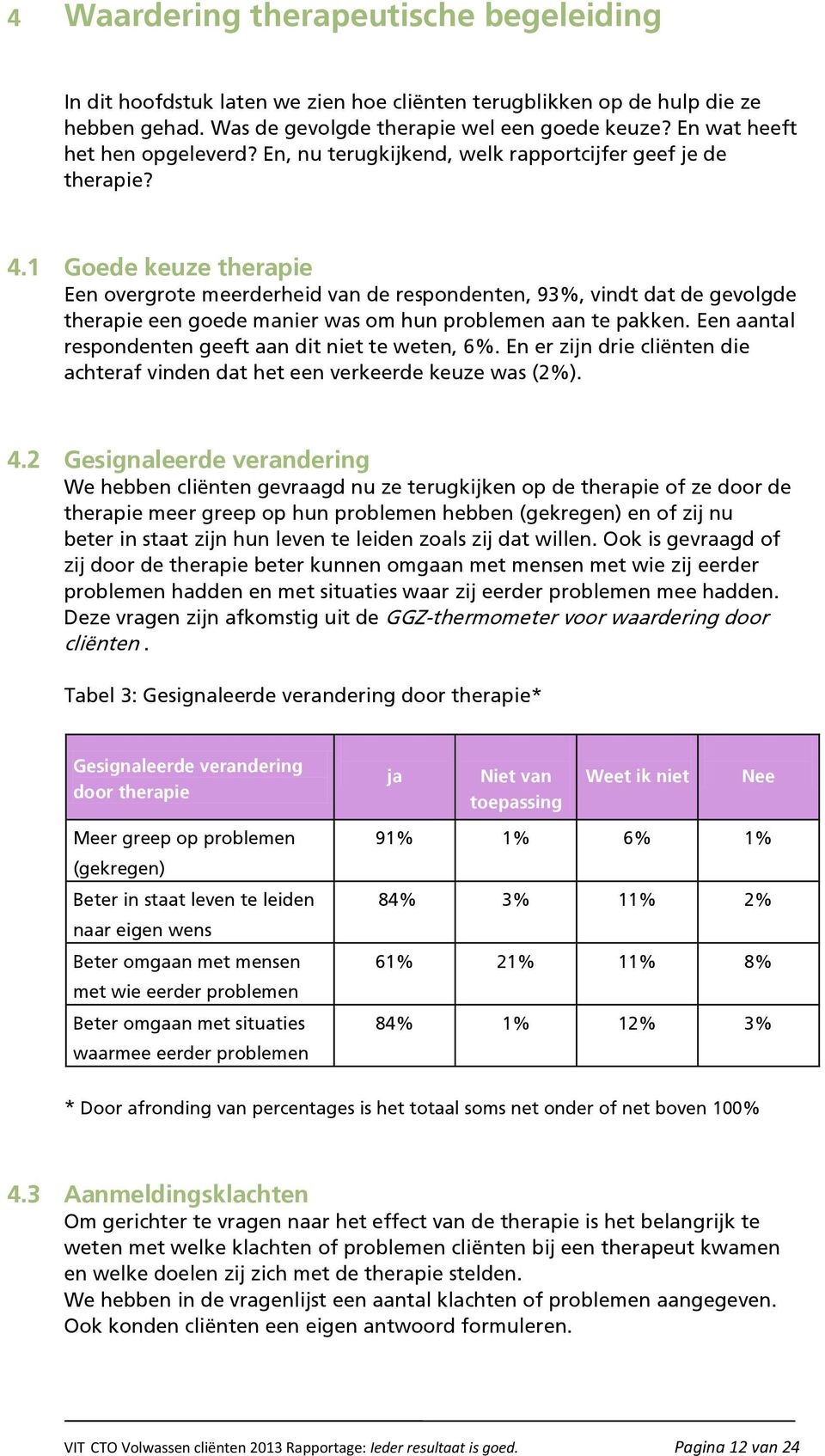 1 Goede keuze therapie Een overgrote meerderheid van de respondenten, 93%, vindt dat de gevolgde therapie een goede manier was om hun problemen aan te pakken.