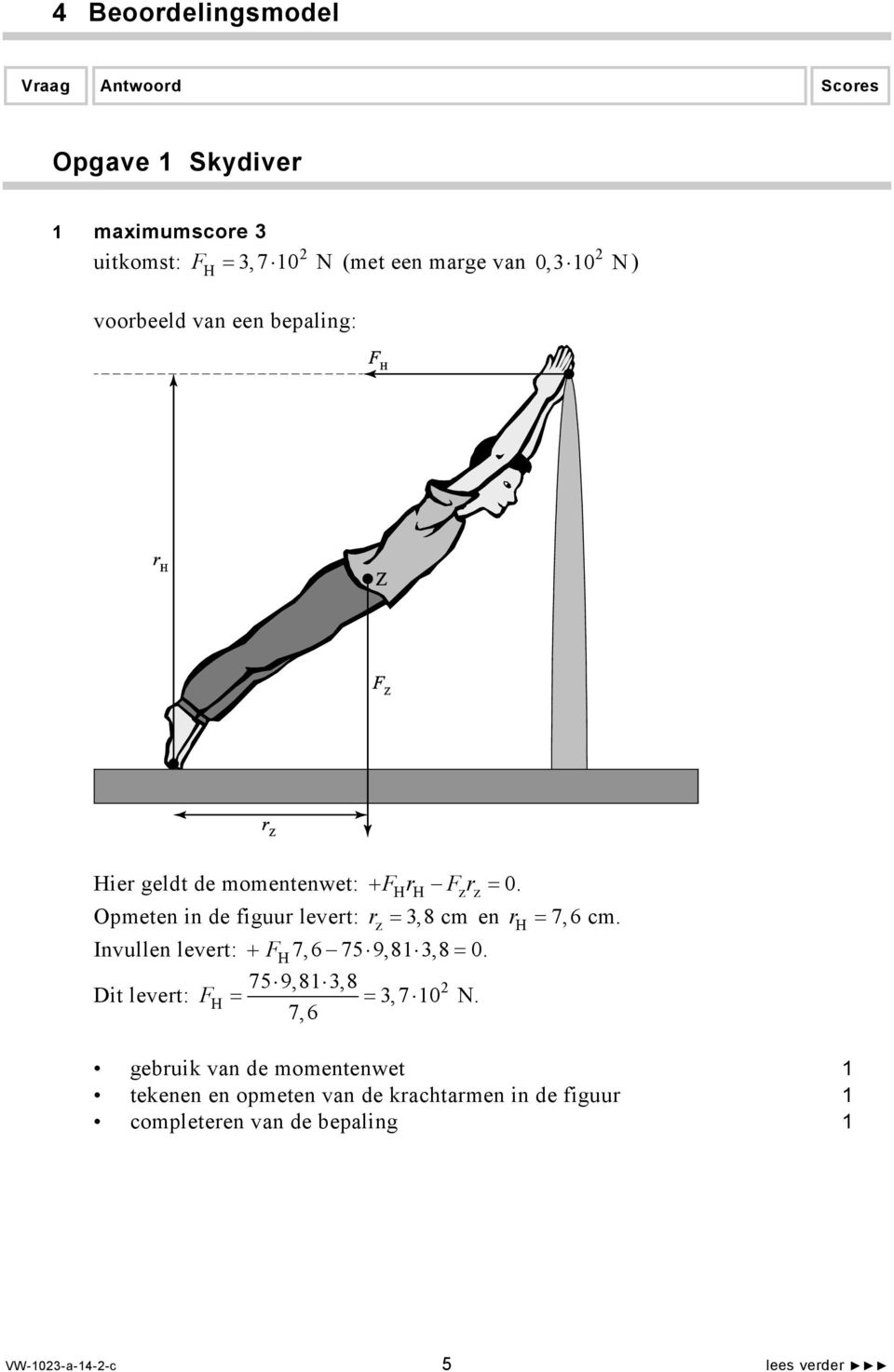 Opmeten in de figuur levert: r z =,8 cm en r H = 7,6 cm. Invullen levert: + F H 7,6 75 9,8,8 = 0.