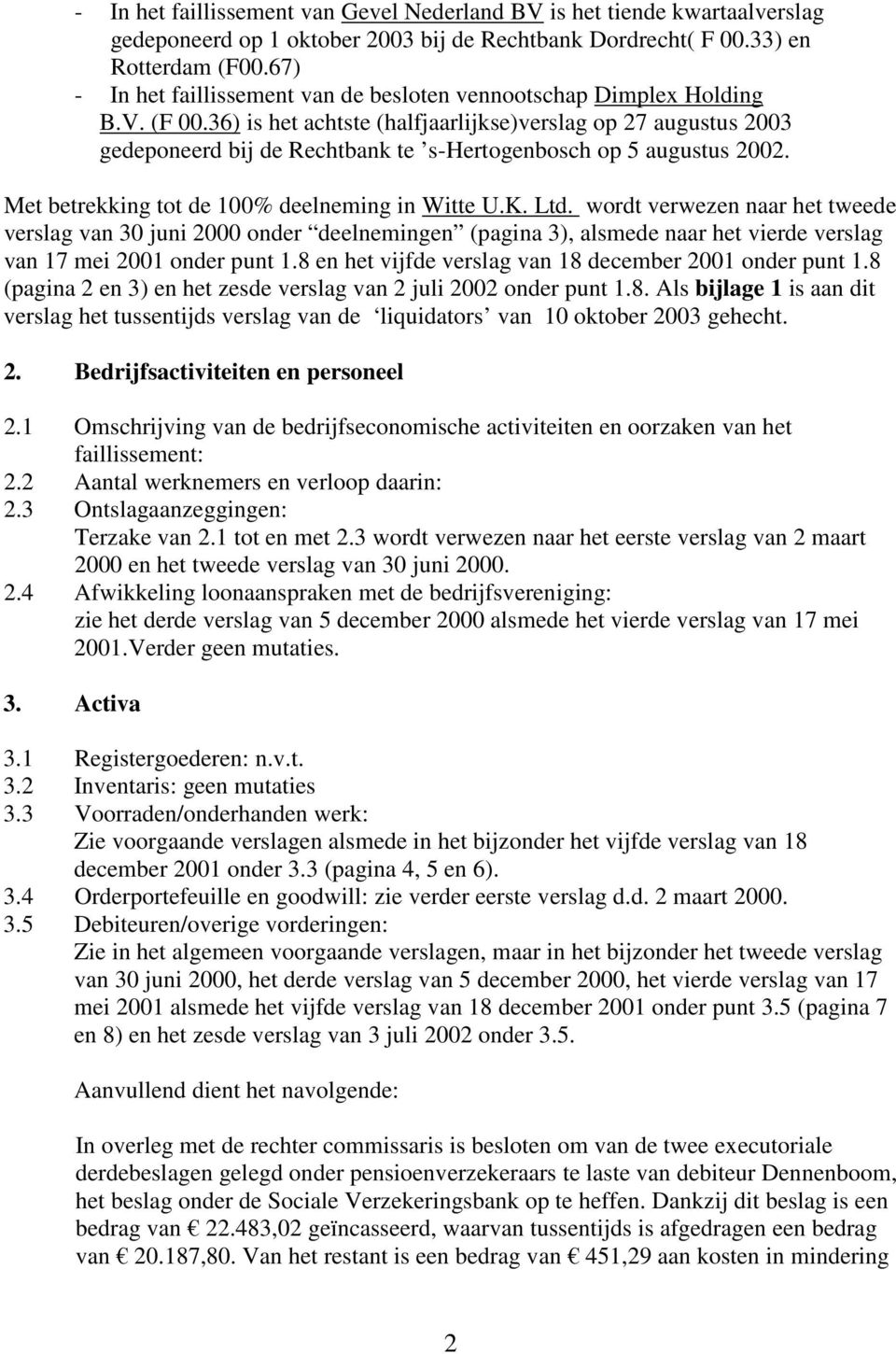 36) is het achtste (halfjaarlijkse)verslag op 27 augustus 2003 gedeponeerd bij de Rechtbank te s-hertogenbosch op 5 augustus 2002. Met betrekking tot de 100% deelneming in Witte U.K. Ltd.