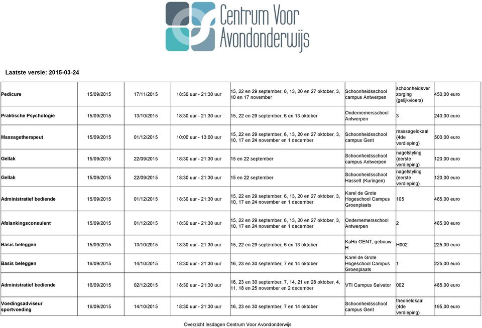 500,00 euro Gellak 15/09/2015 22/09/2015 18:30 uur - 21:30 uur 15 en 22 september Gellak 15/09/2015 22/09/2015 18:30 uur - 21:30 uur 15 en 22 september Administratief bediende 15/09/2015 01/12/2015