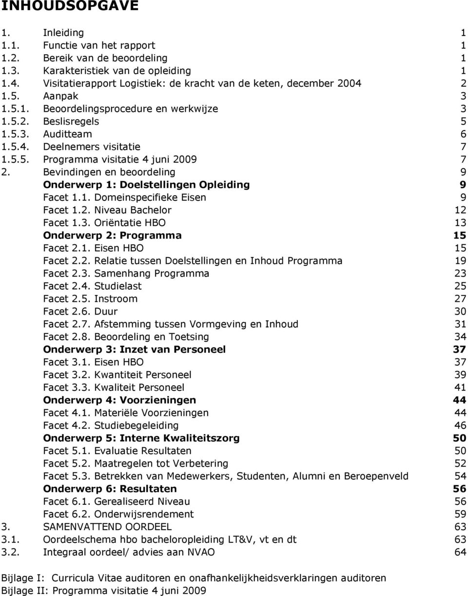 5.5. Programma visitatie 4 juni 2009 7 2. Bevindingen en beoordeling 9 Onderwerp 1: Doelstellingen Opleiding 9 Facet 1.1. Domeinspecifieke Eisen 9 Facet 1.2. Niveau Bachelor 12 Facet 1.3.