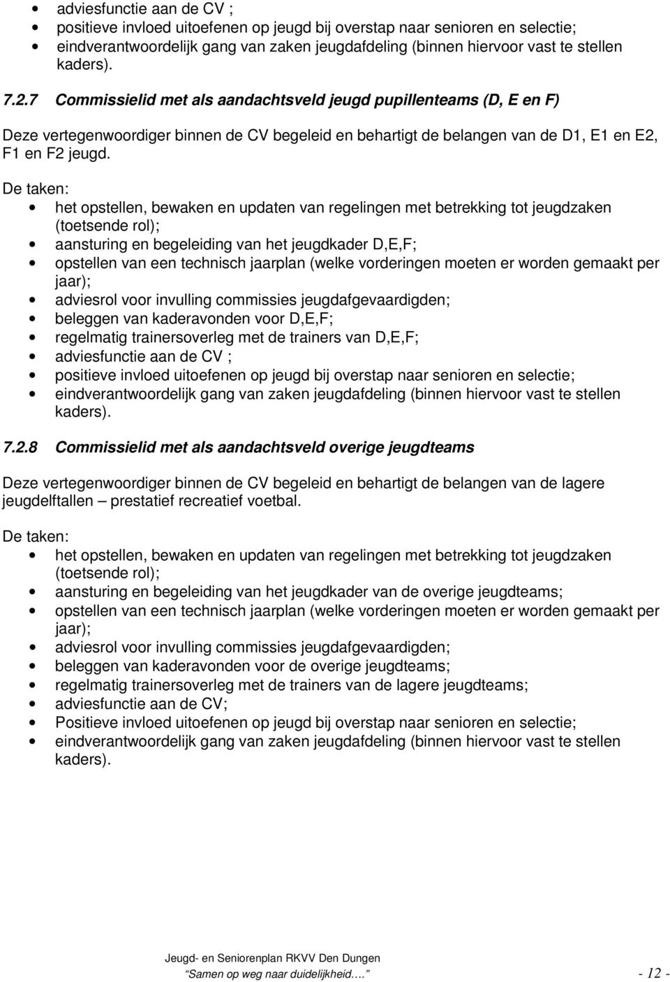 De taken: het opstellen, bewaken en updaten van regelingen met betrekking tot jeugdzaken (toetsende rol); aansturing en begeleiding van het jeugdkader D,E,F; opstellen van een technisch jaarplan