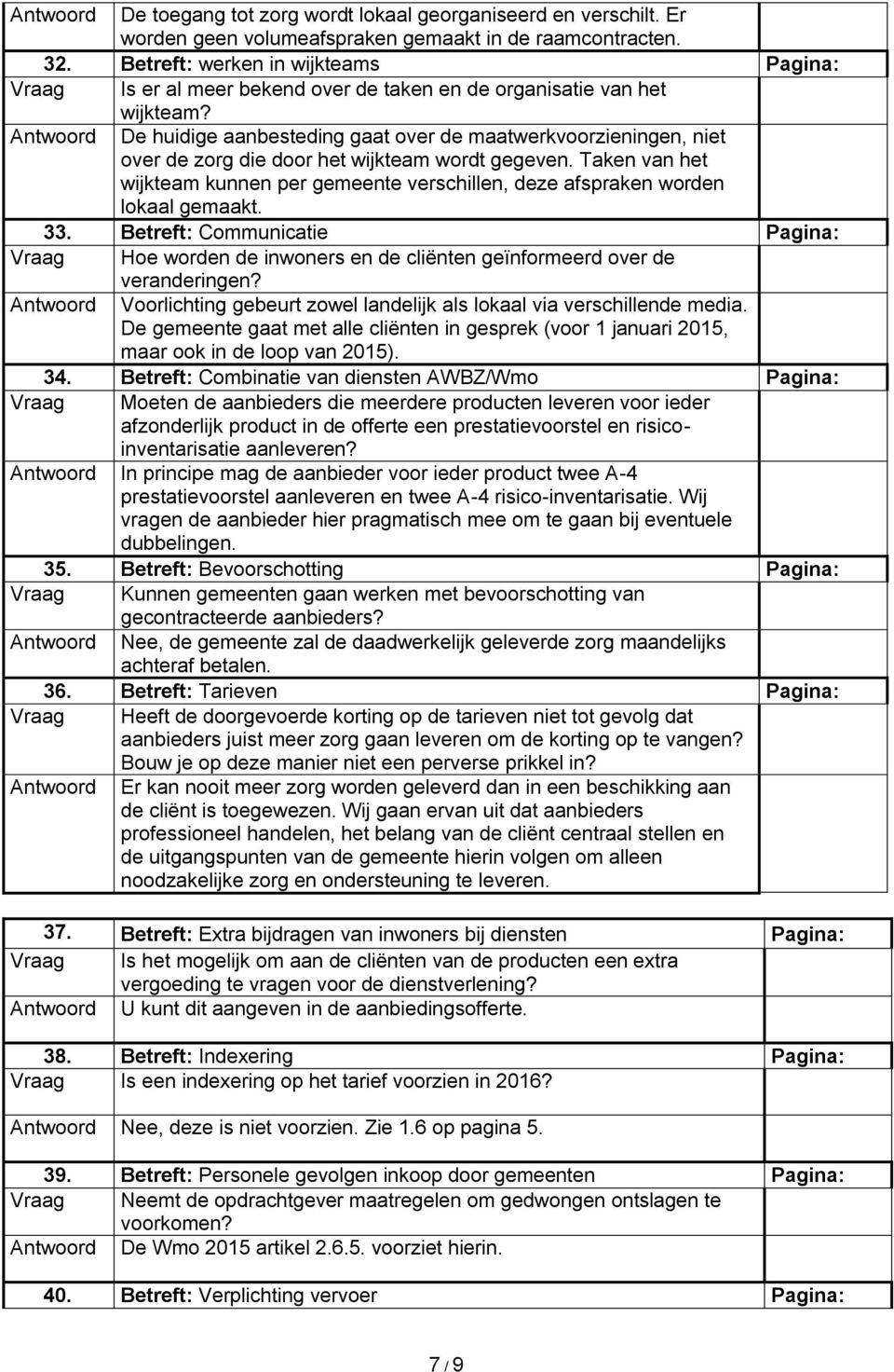 De huidige aanbesteding gaat over de maatwerkvoorzieningen, niet over de zorg die door het wijkteam wordt gegeven.