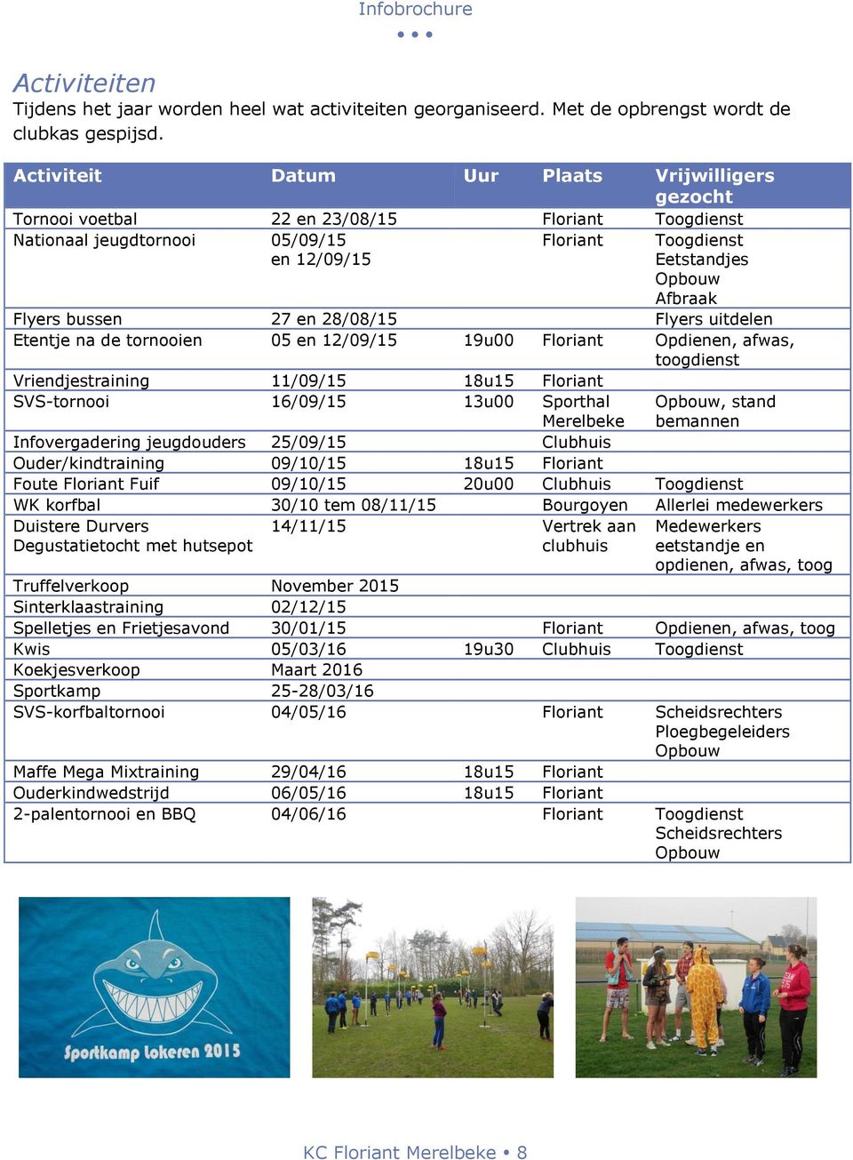 28/08/15 Flyers uitdelen Etentje na de trnien 05 en 12/09/15 19u00 Flriant Opdienen, afwas, tgdienst Vriendjestraining 11/09/15 18u15 Flriant SVS-trni 16/09/15 13u00 Sprthal Merelbeke Opbuw, stand