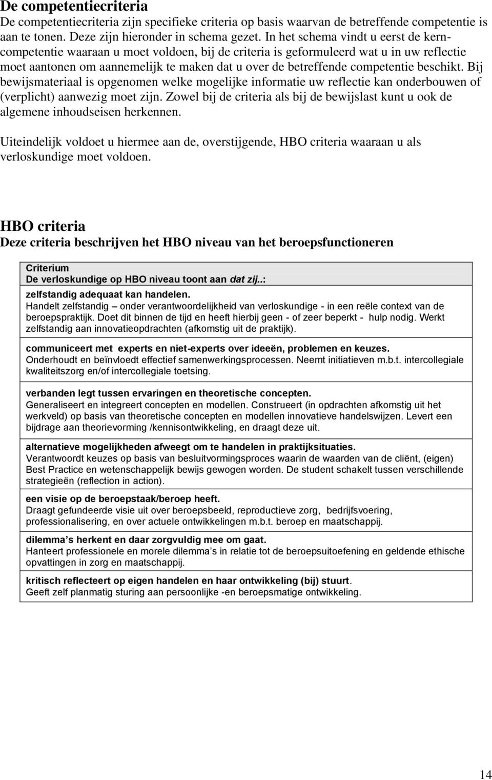 competentie beschikt. Bij bewijsmateriaal is opgenomen welke mogelijke informatie uw reflectie kan onderbouwen of (verplicht) aanwezig moet zijn.