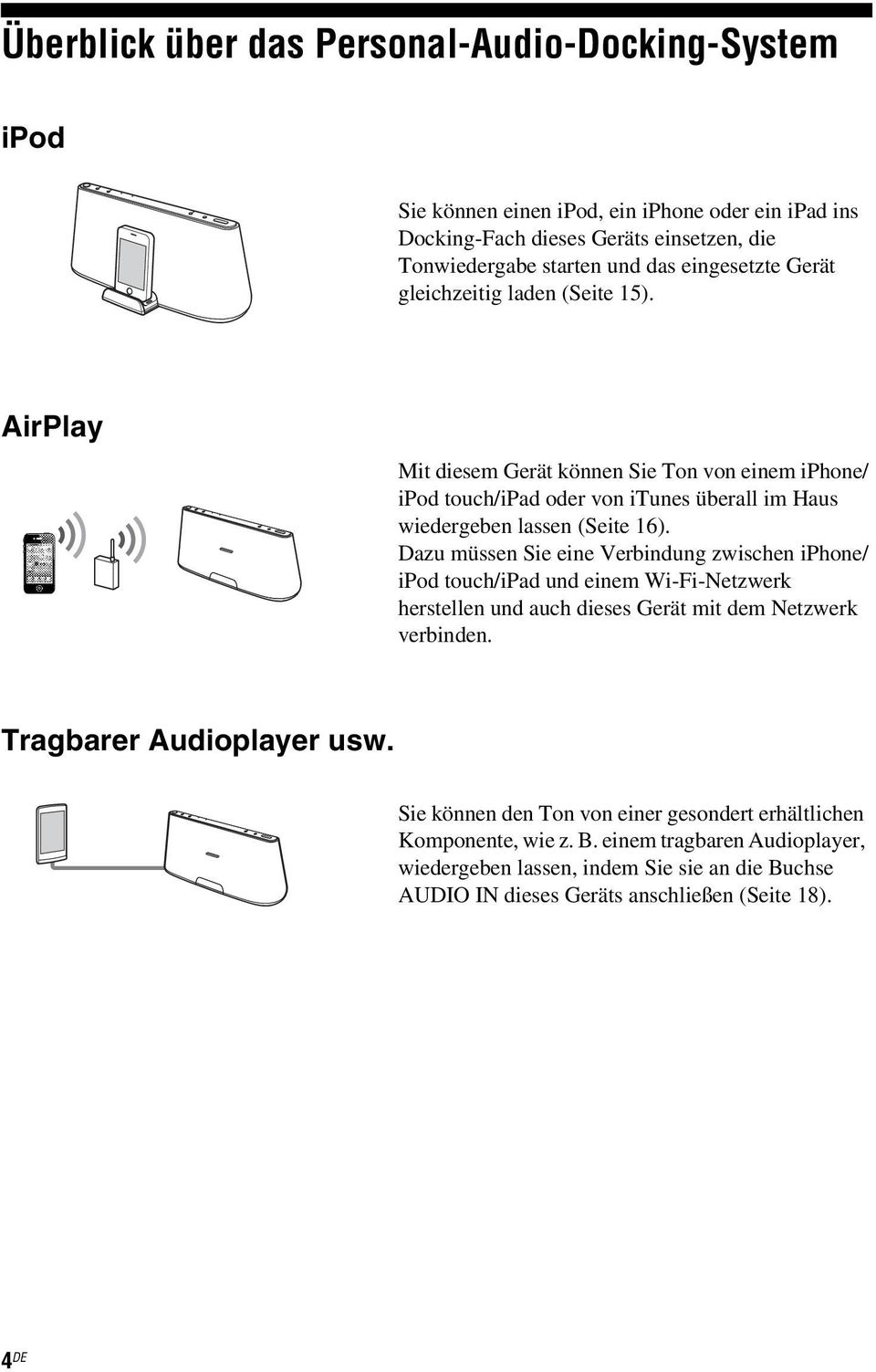 Dazu müssen Sie eine Verbindung zwischen iphone/ ipod touch/ipad und einem Wi-Fi-Netzwerk herstellen und auch dieses Gerät mit dem Netzwerk verbinden. Tragbarer Audioplayer usw.