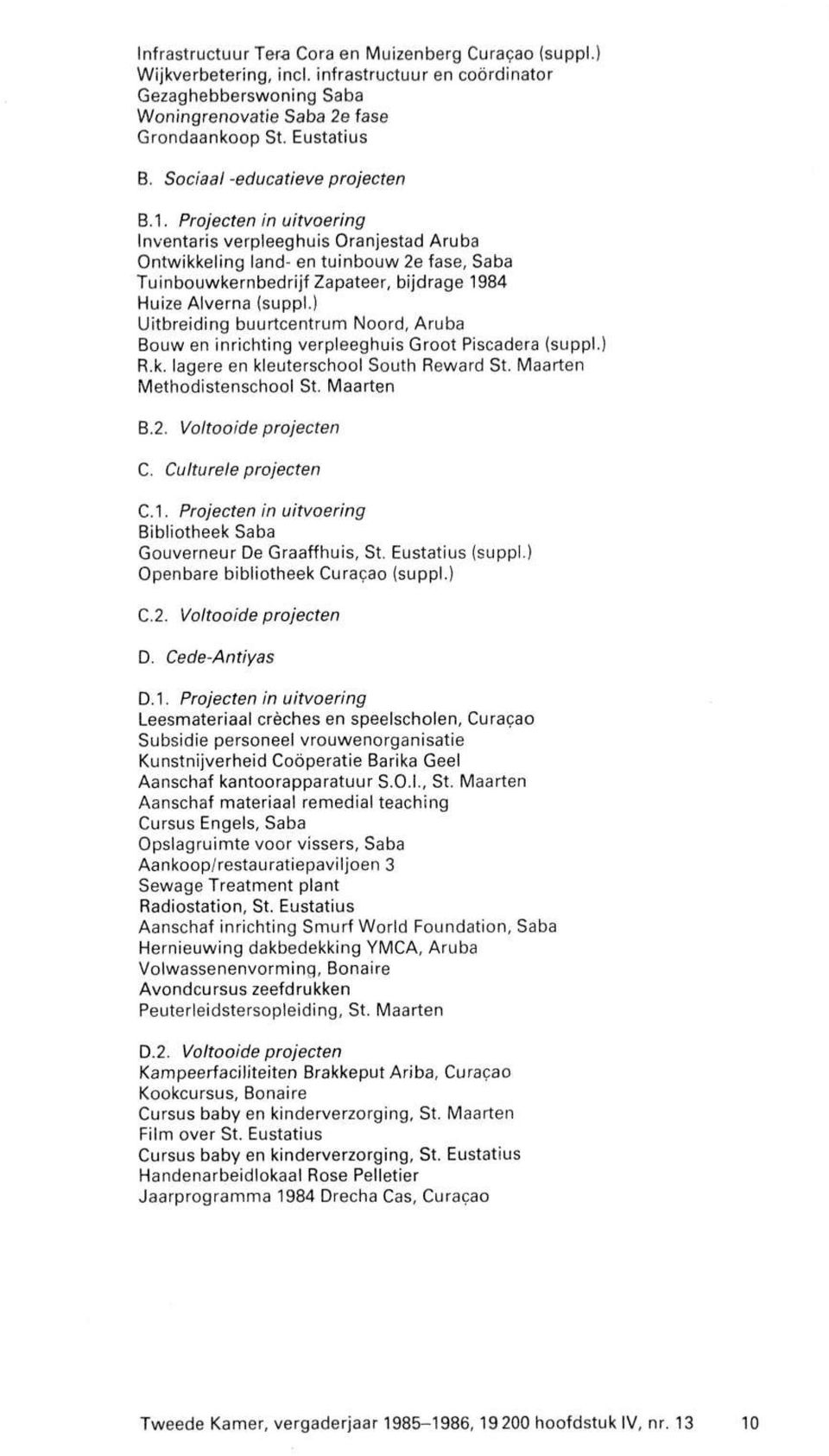 Projecten in uitvoering Inventaris verpleeghuis Oranjestad Aruba Ontwikkeling land- en tuinbouw 2e fase, Saba Tuinbouwkernbedrijf Zapateer, bijdrage 1984 Huize Alverna (suppl.