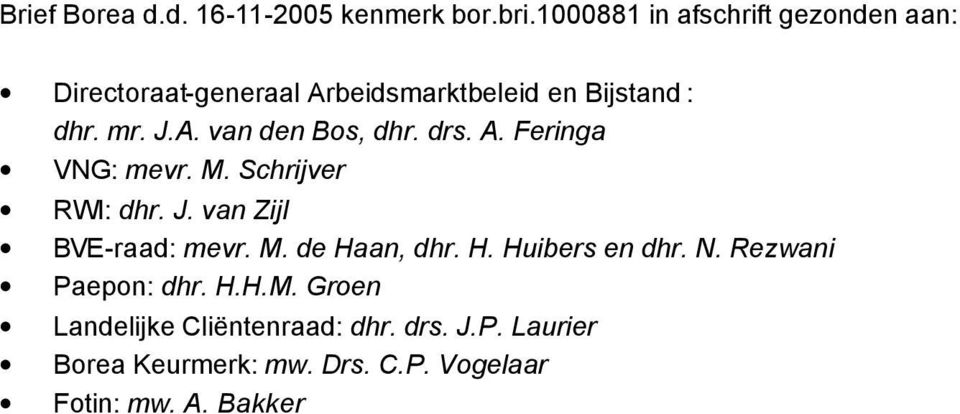 drs. A. Feringa VNG: mevr. M. Schrijver RWI: dhr. J. van Zijl BVE-raad: mevr. M. de Haan, dhr. H. Huibers en dhr.