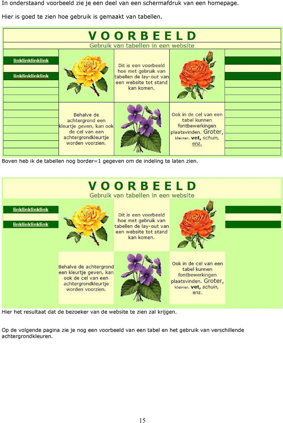 Boven heb ik de tabellen nog border=1 gegeven om de indeling te laten zien.