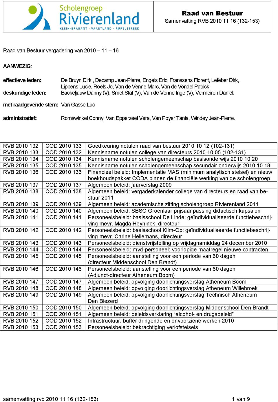 met raadgevende stem: Van Gasse Luc administratief: Romswinkel Conny, Van Epperzeel Vera, Van Poyer Tania, Windey Jean-Pierre.