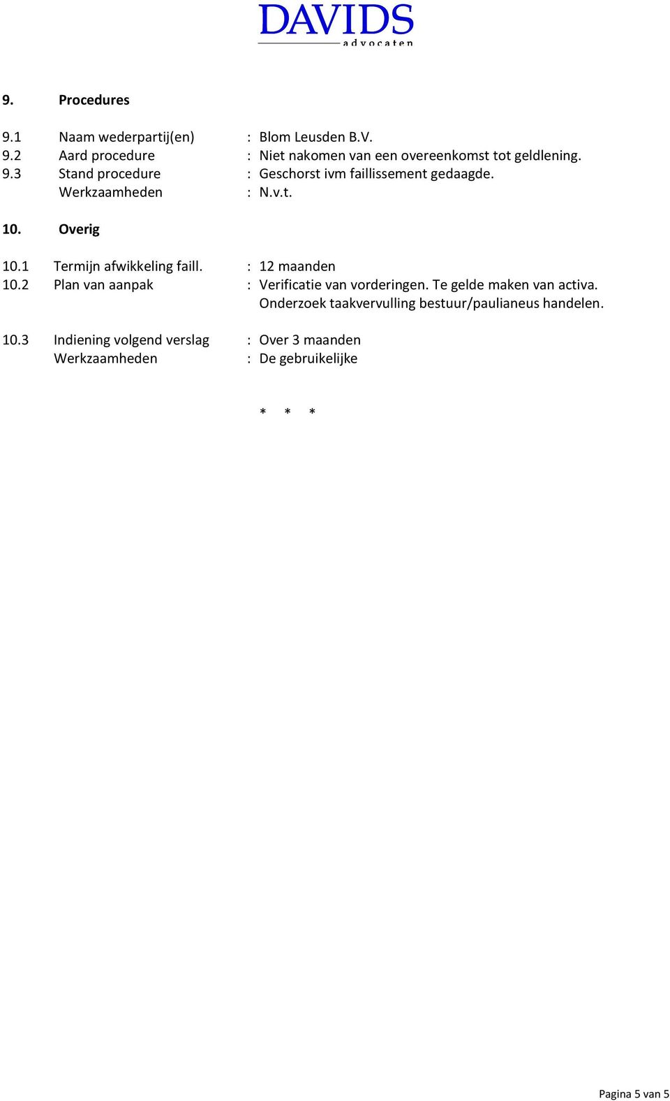 : 12 maanden 10.2 Plan van aanpak : Verificatie van vorderingen. Te gelde maken van activa.