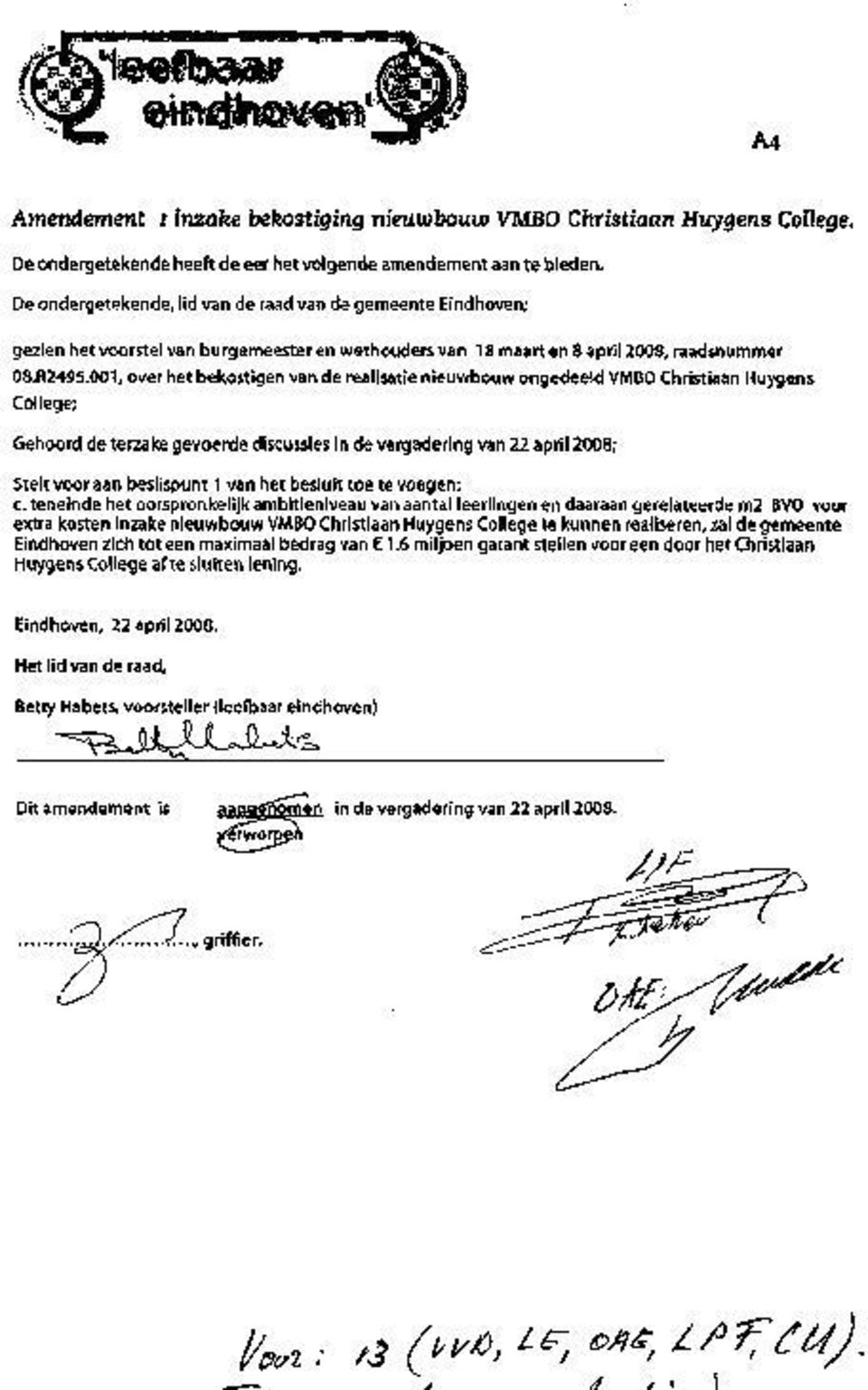 001, over het bekostigen van de realisatie nieuwbouw ongedeeld VMBO Christiaan Huygens College; Gehoord de terzake gevoerde discussies in de vergadering van 22 april 2008; Stelt voor aan beslispunt 1