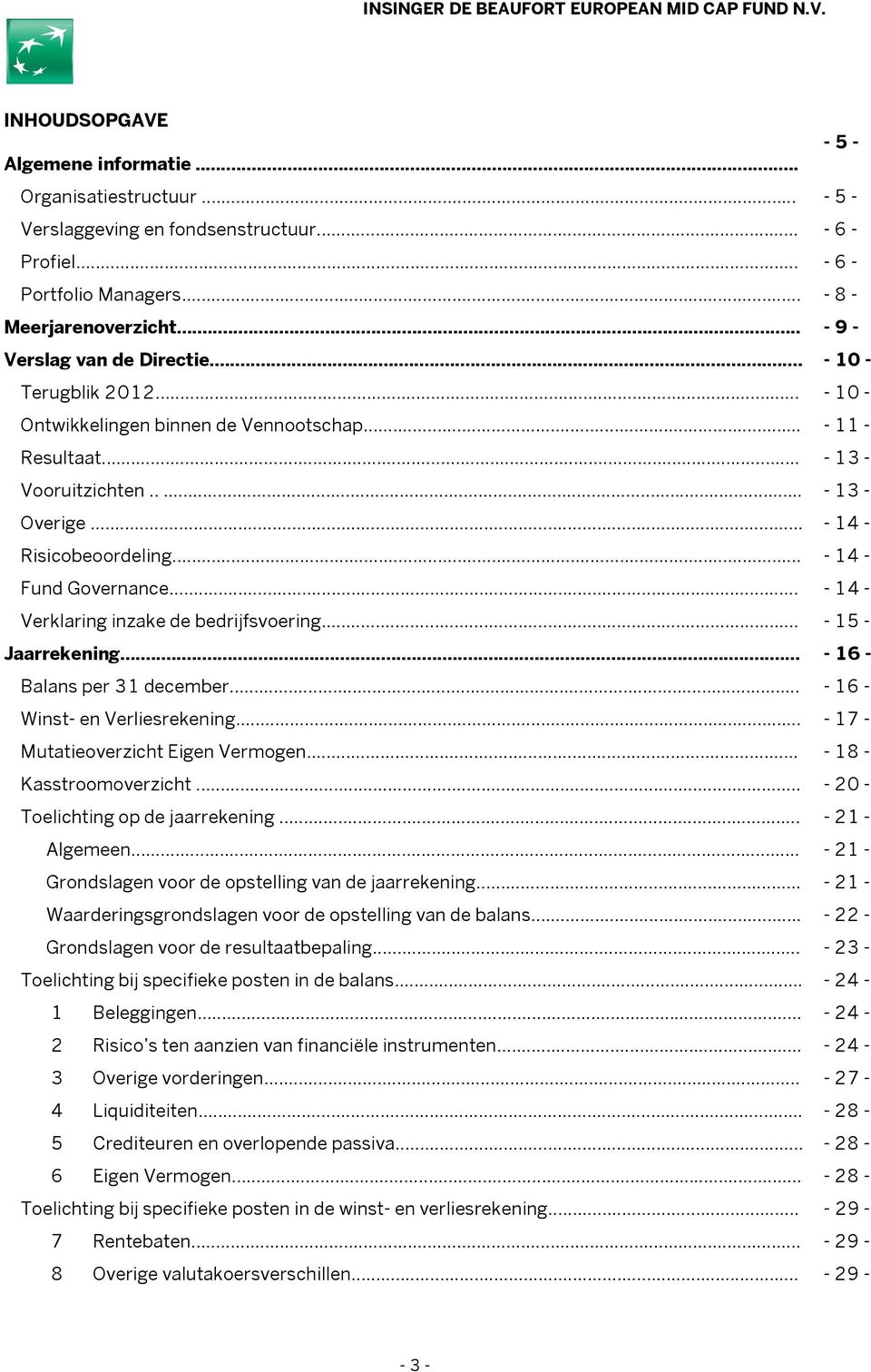 .. - 14 - Fund Governance... - 14 - Verklaring inzake de bedrijfsvoering... - 15 - Jaarrekening... - 16 - Balans per 31 december... - 16 - Winst- en Verliesrekening.