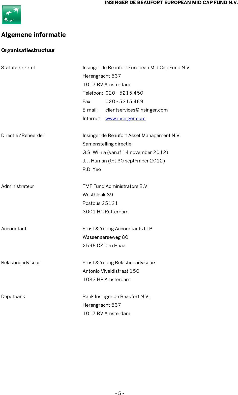 V. Samenstelling directie: G.S. Wijnia (vanaf 14 november 2012) J.J. Human (tot 30 september 2012) P.D. Yeo Administrateur TMF Fund Administrators B.V. Westblaak 89 Postbus 25121 3001 HC