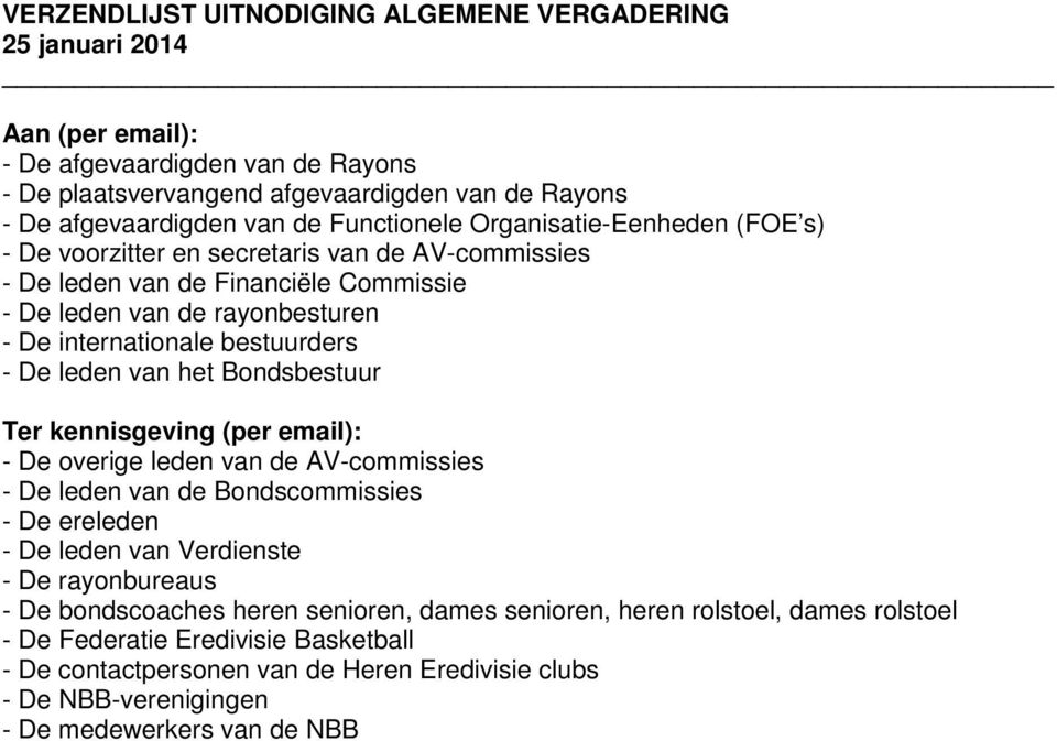 leden van het Bondsbestuur Ter kennisgeving (per email): - De overige leden van de AV-commissies - De leden van de Bondscommissies - De ereleden - De leden van Verdienste - De rayonbureaus - De