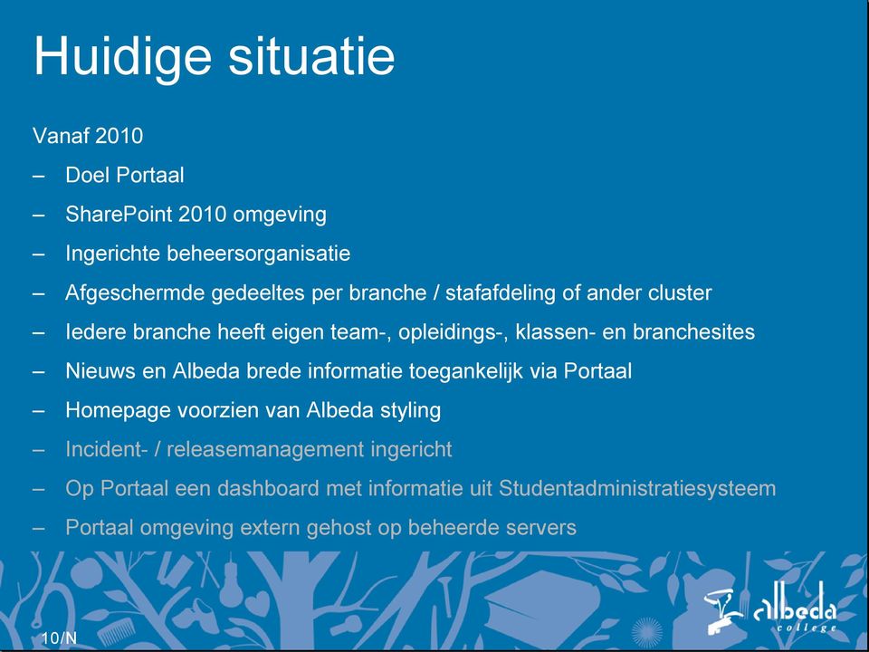 Albeda brede informatie toegankelijk via Portaal Homepage voorzien van Albeda styling Incident- / releasemanagement