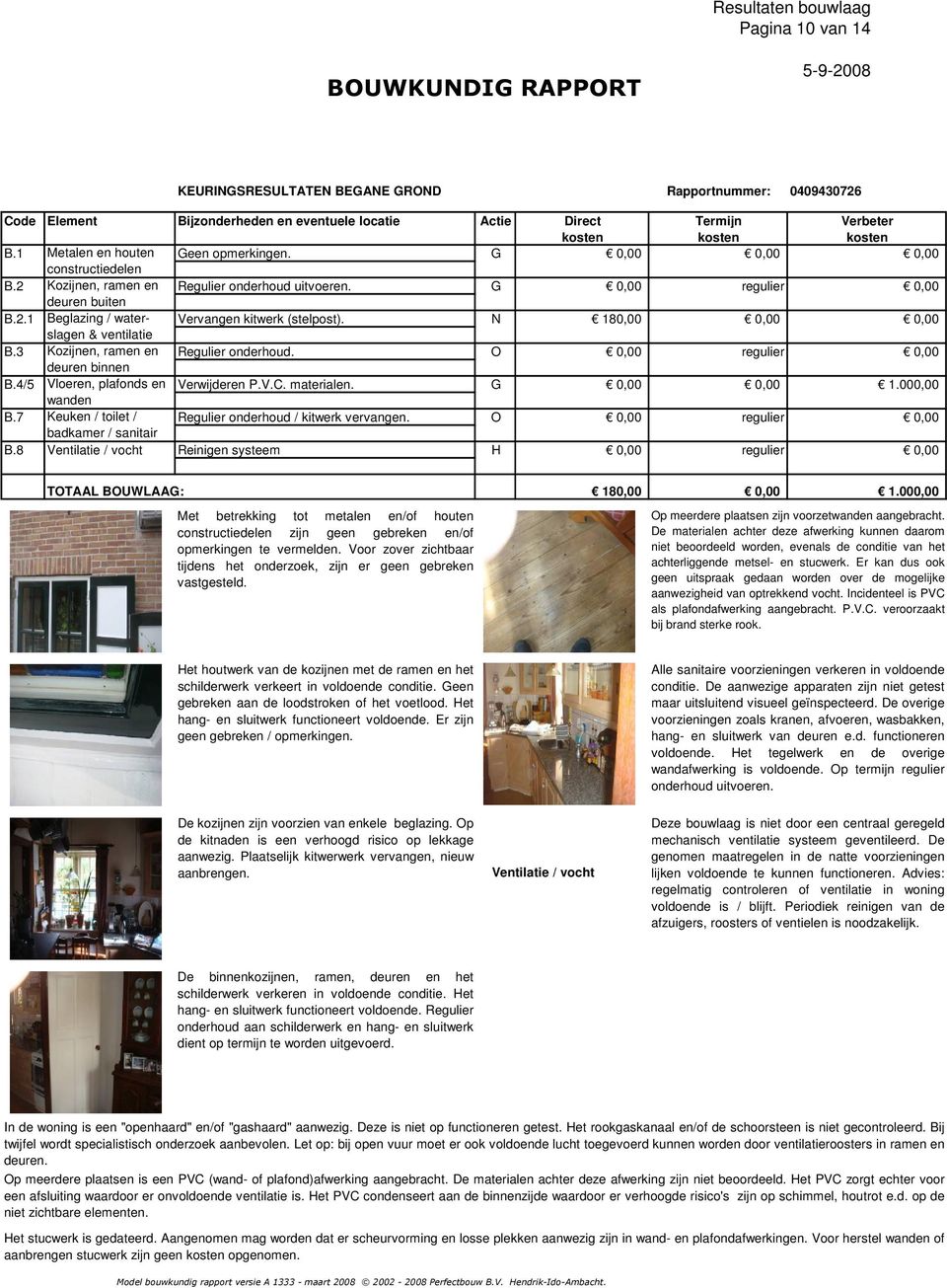 N 180,00 0,00 0,00 slagen & ventilatie B.3 Kozijnen, ramen en Regulier onderhoud. O 0,00 regulier 0,00 deuren binnen B.4/5 Vloeren, plafonds en Verwijderen P.V.C. materialen. G 0,00 0,00 1.