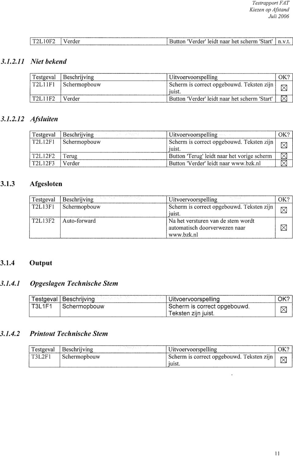 Teksten zijn T2Ll2F2 Terug Button 'Terug' Ieidt naar het vorige scherm T2Ll2F3 Verder Button 'Verder' leidt naar www.bzk.nl 3.1.3 Afgesloten Testgeval Beschriiving UitvoervoorspeIIing OK?