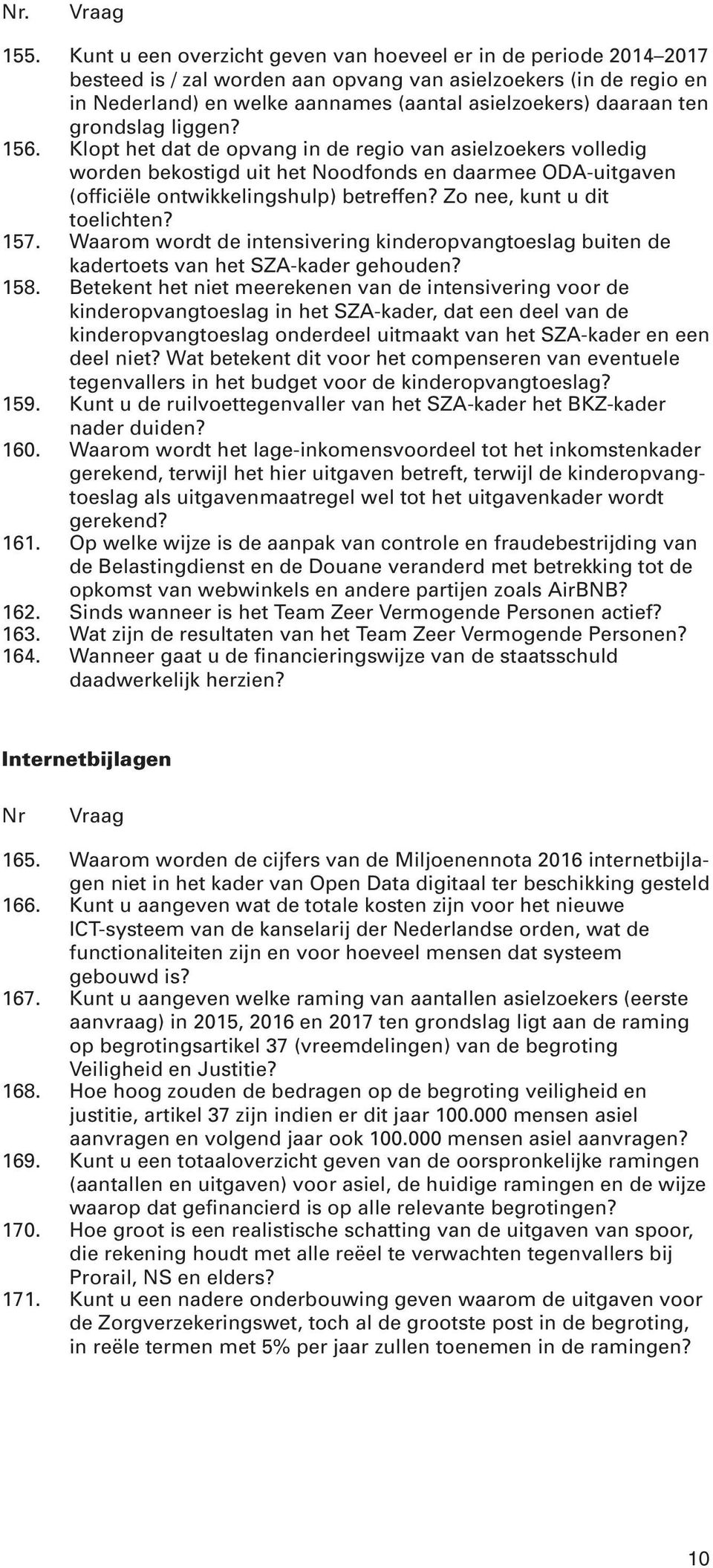 Zo nee, kunt u dit toelichten? 157. Waarom wordt de intensivering kinderopvangtoeslag buiten de kadertoets van het SZA-kader gehouden? 158.