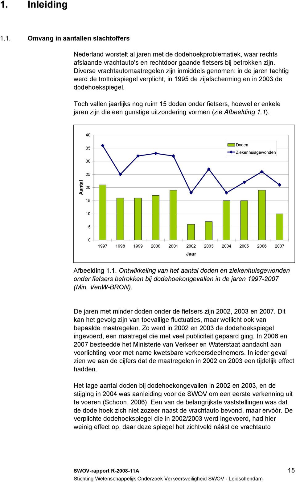 Toch vallen jaarlijks nog ruim 15 doden onder fietsers, hoewel er enkele jaren zijn die een gunstige uitzondering vormen (zie Afbeelding 1.1).