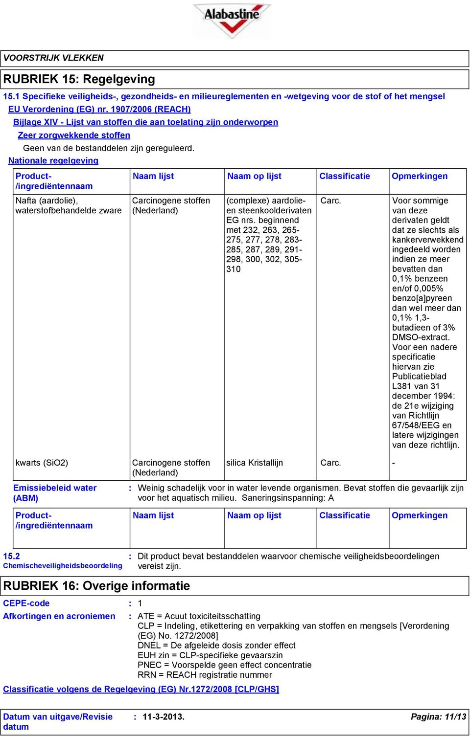 Nationale regelgeving Product- /ingrediëntennaam Naam lijst Naam op lijst Classificatie Opmerkingen Nafta (aardolie), waterstofbehandelde zware Carcinogene stoffen (Nederland) (complexe) aardolieen