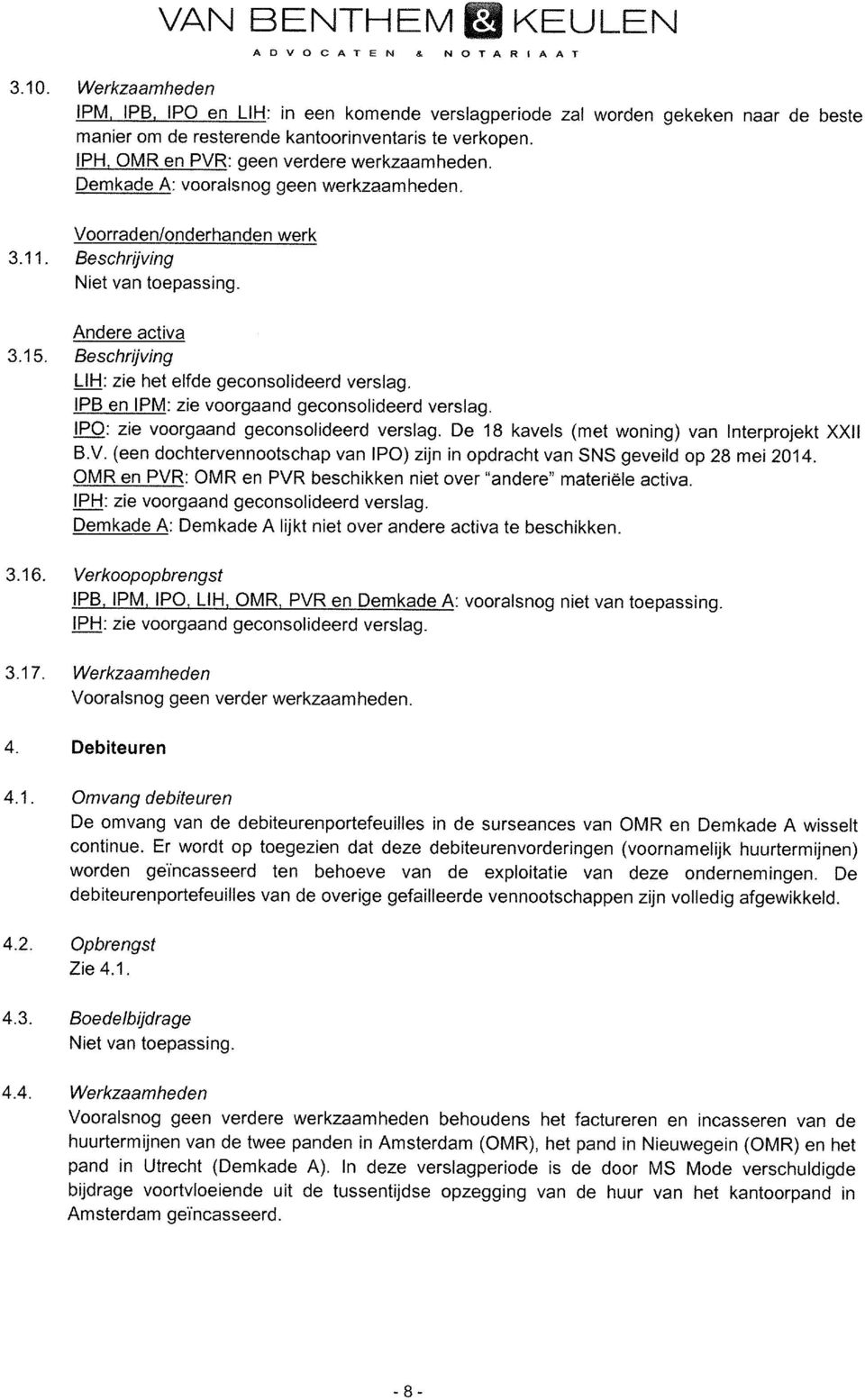 Beschrijving LIH: zie het elfde geconsolideerd verslag. 1PB en IPM: zie voorgaand geconsolideerd verslag. IPO: zie voorgaand geconsolideerd verslag. De 18 kavels (met woning) van Interprojekt XXII B.