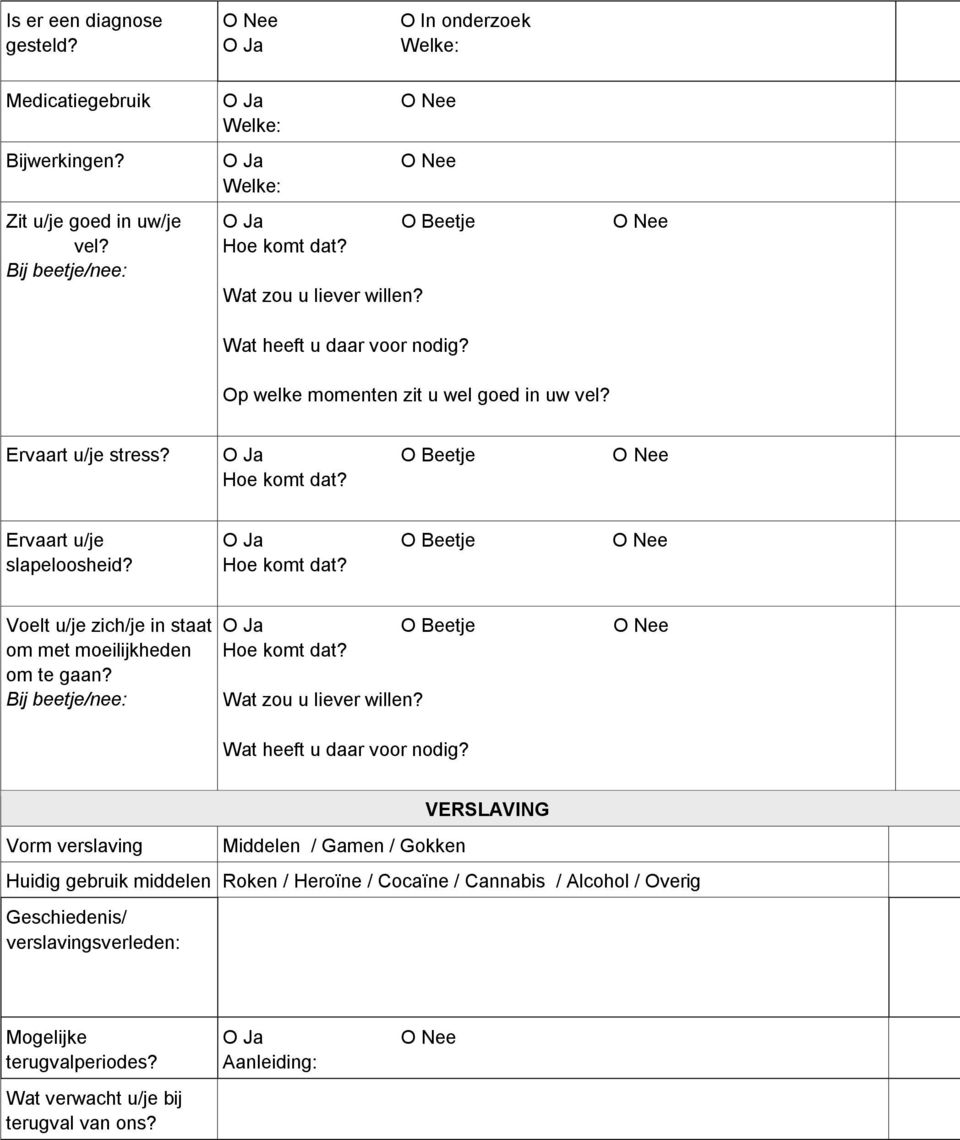 Ervaart u/je slapeloosheid? Hoe komt dat? Voelt u/je zich/je in staat om met moeilijkheden om te gaan? Bij beetje/nee: Hoe komt dat? Wat zou u liever willen?