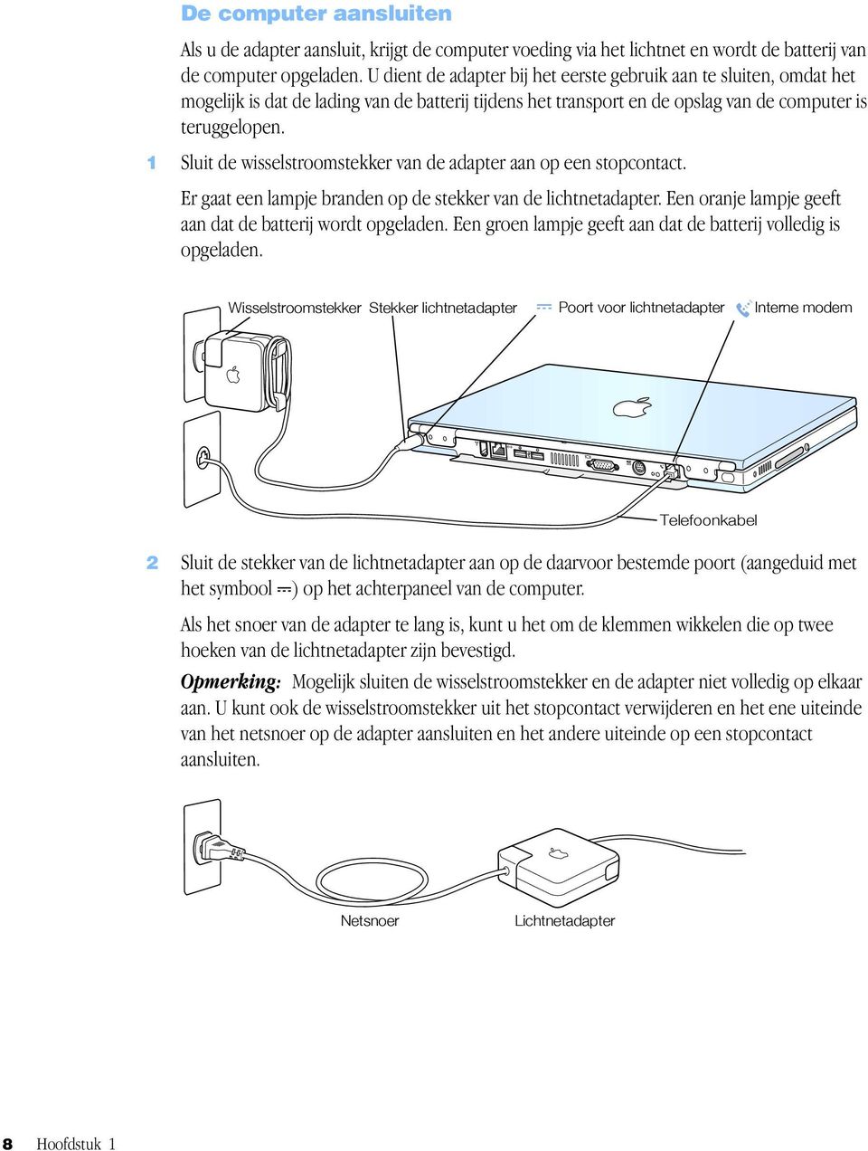 1 Sluit de wisselstroomstekker van de adapter aan op een stopcontact. Er gaat een lampje branden op de stekker van de lichtnetadapter. Een oranje lampje geeft aan dat de batterij wordt opgeladen.