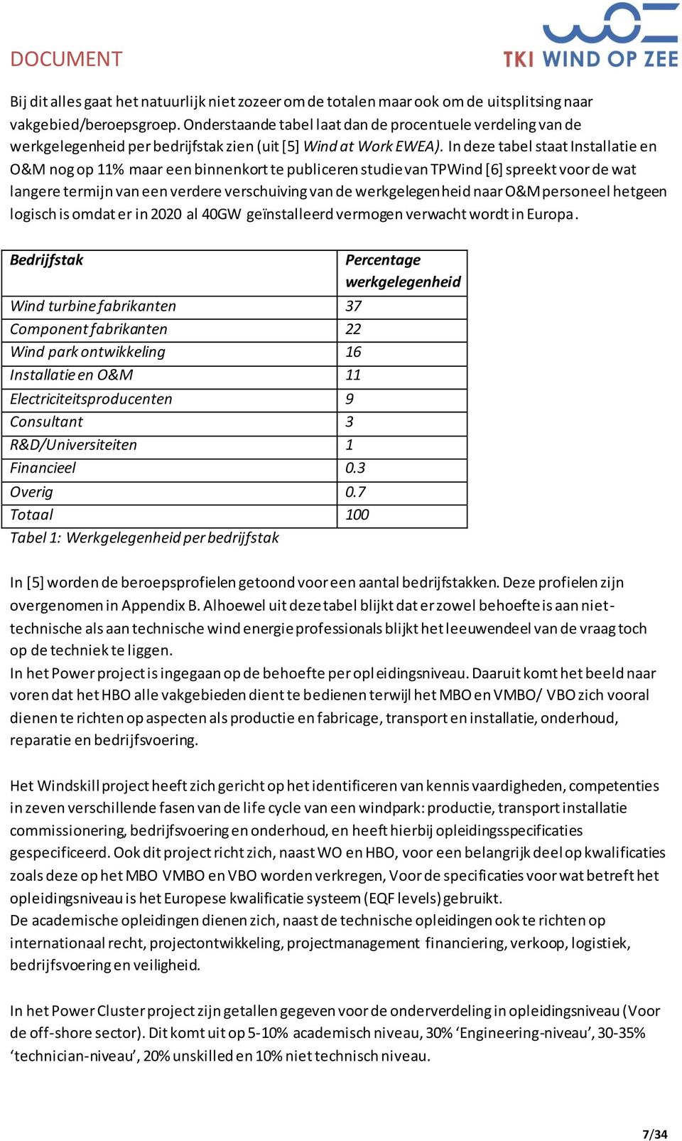 In deze tabel staat Installatie en O&M nog op 11% maar een binnenkort te publiceren studie van TPWind [6] spreekt voor de wat langere termijn van een verdere verschuiving van de werkgelegenheid naar