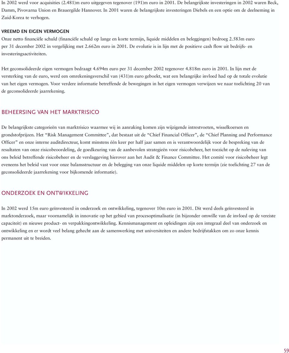 VREEMD EN EIGEN VERMOGEN Onze netto financiële schuld (financiële schuld op lange en korte termijn, liquide middelen en beleggingen) bedroeg 2.583m euro per 31 december 2002 in vergelijking met 2.