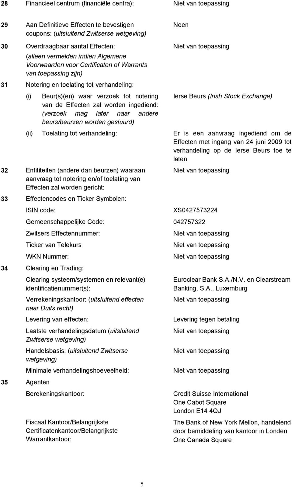 (verzoek mag later naar andere beurs/beurzen worden gestuurd) (ii) Toelating tot verhandeling: 32 Entititeiten (andere dan beurzen) waaraan aanvraag tot notering en/of toelating van Effecten zal