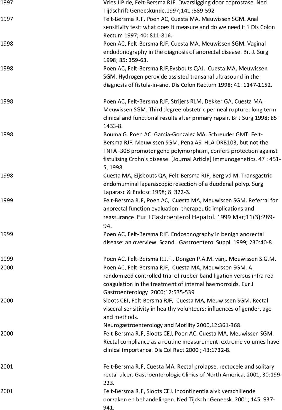 Vaginal endodonography in the diagnosis of anorectal disease. Br. J. Surg 1998; 85: 359-63. 1998 Poen AC, Felt-Bersma RJF,Eysbouts QAJ, Cuesta MA, Meuwissen SGM.