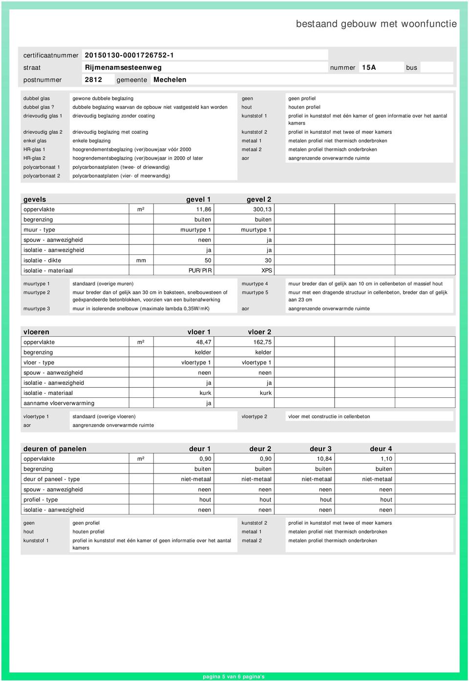 informatie over het aantal kamers drievoudig glas 2 drievoudig beglazing met coating kunststof 2 profiel in kunststof met twee of meer kamers enkel glas enkele beglazing metaal 1 metalen profiel niet