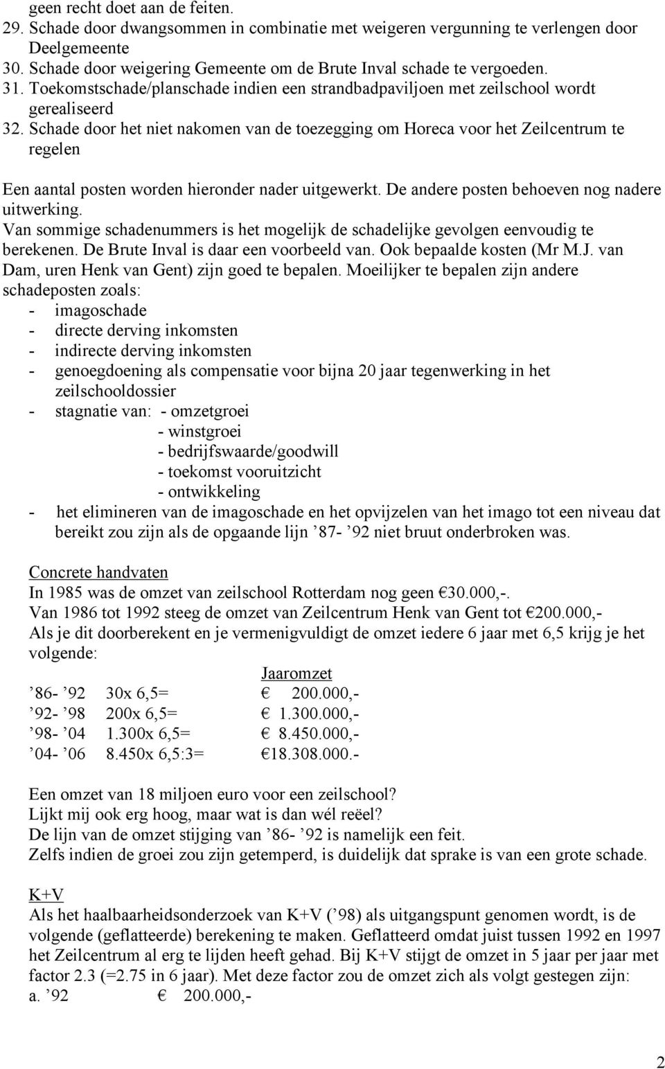 Schade door het niet nakomen van de toezegging om Horeca voor het Zeilcentrum te regelen Een aantal posten worden hieronder nader uitgewerkt. De andere posten behoeven nog nadere uitwerking.