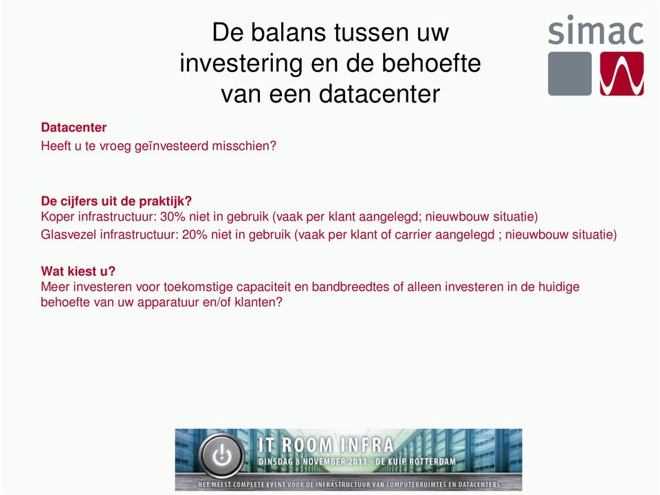 Koper infrastructuur: 30% niet in gebruik (vaak per klant aangelegd; nieuwbouw situatie) Glasvezel infrastructuur: 20%