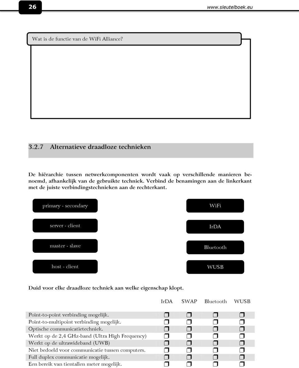 primary - secondary WiFi server - client IrDA master - slave Bluetooth host - client WUSB Duid voor elke draadloze techniek aan welke eigenschap klopt.