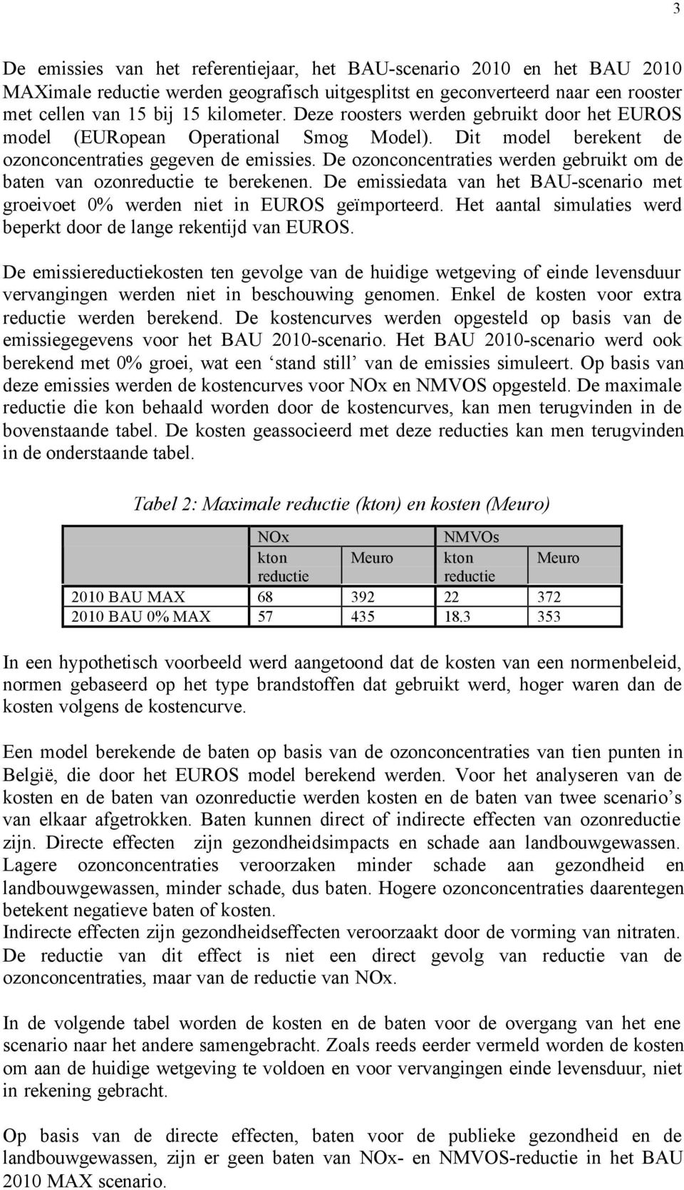 De ozonconcentraties werden gebruikt om de baten van ozonreductie te berekenen. De emissiedata van het BAU-scenario met groeivoet 0% werden niet in EUROS geïmporteerd.