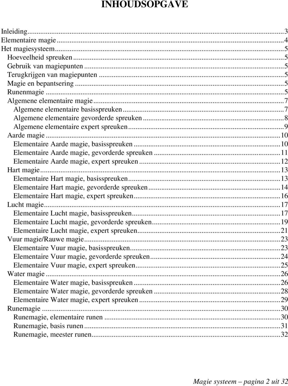 .. 10 Elementaire Aarde magie, basisspreuken... 10 Elementaire Aarde magie, gevorderde spreuken... 11 Elementaire Aarde magie, expert spreuken... 12 Hart magie.