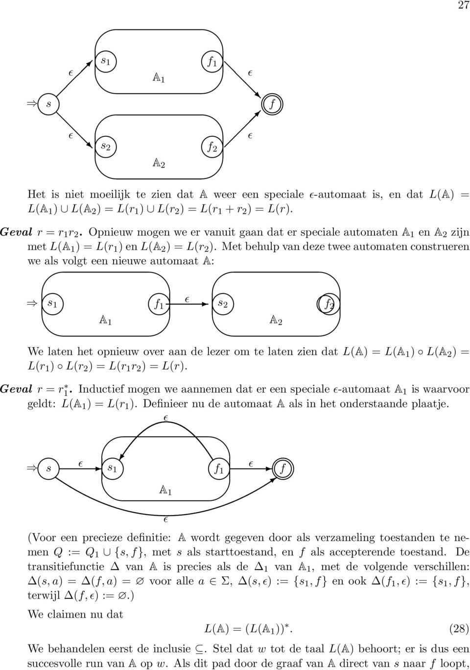 Met behulp van deze twee automaten construeren we als volgt een nieuwe automaat A: s 1 A 1 f ɛ 1 s 2 A 2 f 2 We laten het opnieuw over aan de lezer om te laten zien dat L(A) = L(A 1 ) L(A 2 ) = L(r 1