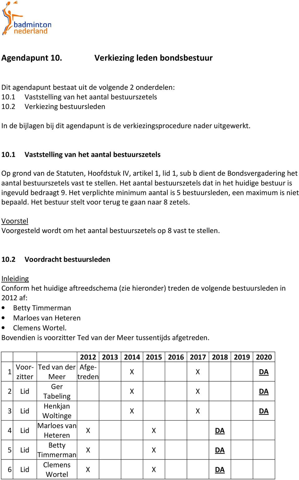 1 Vaststelling van het aantal bestuurszetels Op grond van de Statuten, Hoofdstuk IV, artikel 1, lid 1, sub b dient de Bondsvergadering het aantal bestuurszetels vast te stellen.