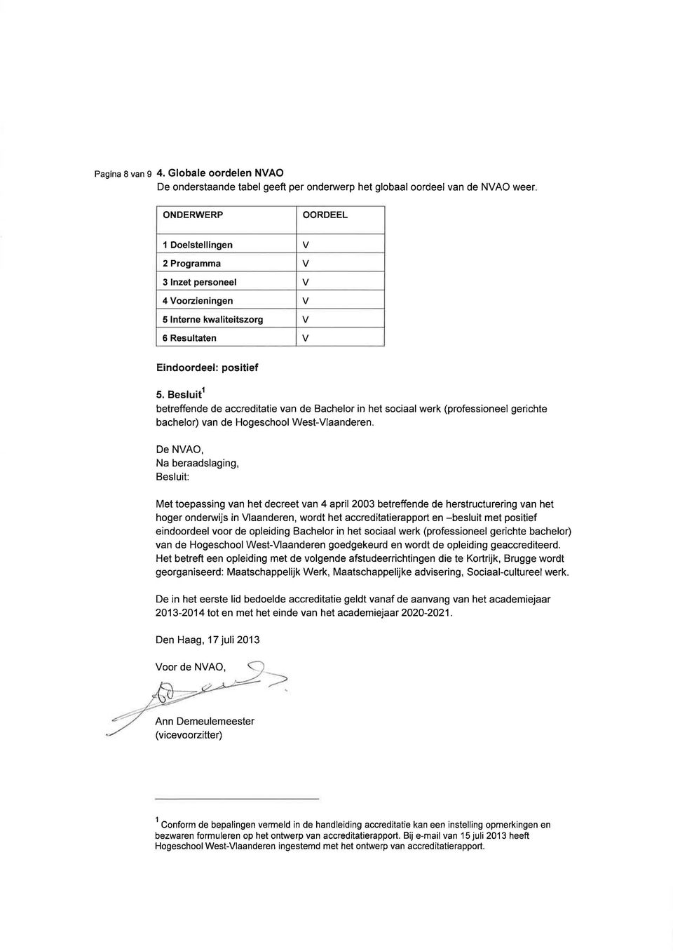 kwaliteitszorg 6 Resultaten Eindoordeel: positief 5. Besluitr betreffende de accreditatie van de Bachelor in het sociaal werk (professioneel gerichte bachelor) van de Hogeschool West-Vlaanderen.