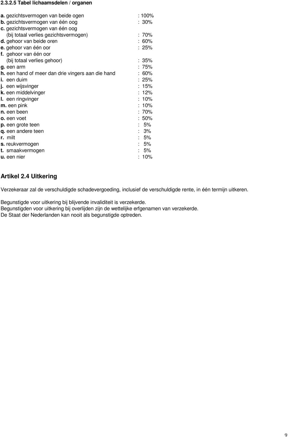 een duim : 25% j. een wijsvinger : 15% k. een middelvinger : 12% l. een ringvinger : 10% m. een pink : 10% n. een been : 70% o. een voet : 50% p. een grote teen : 5% q. een andere teen : 3% r.