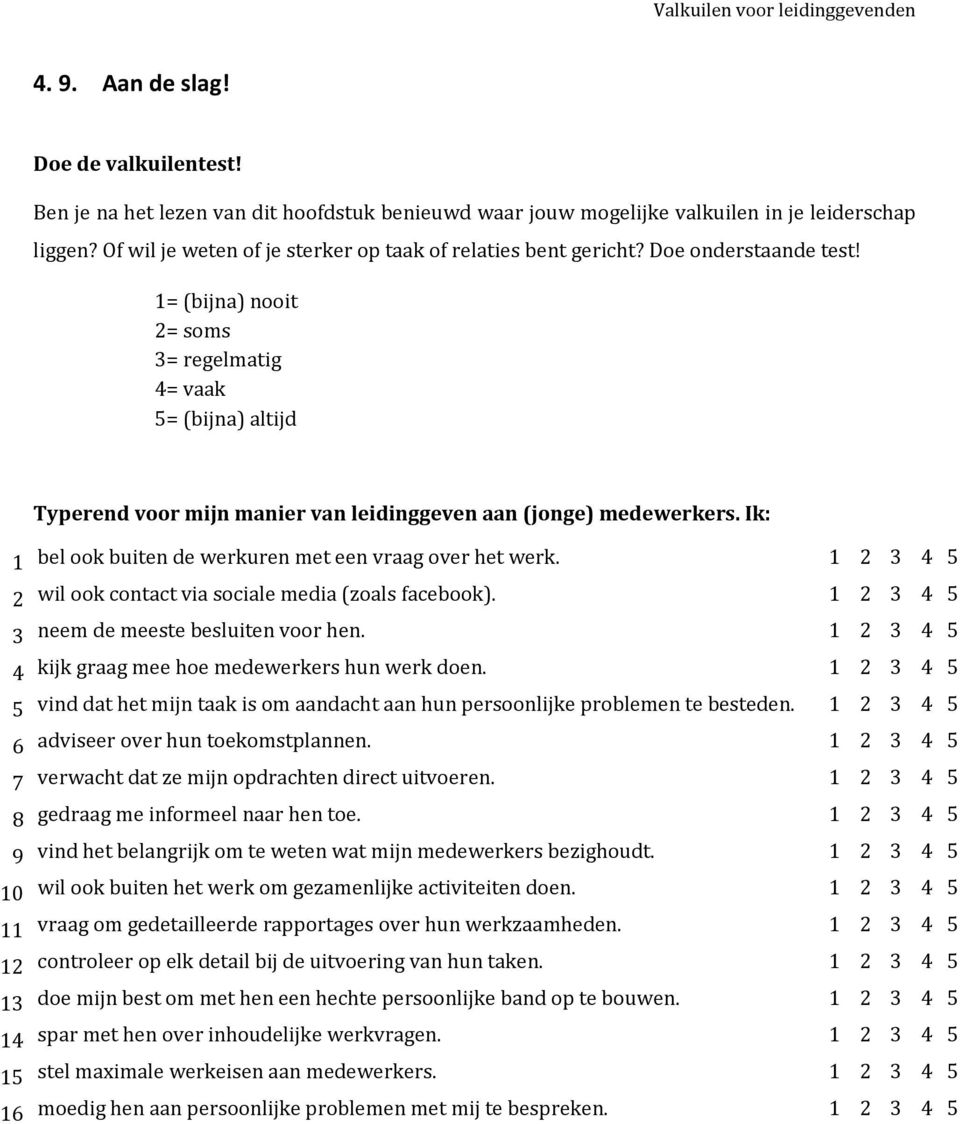 1= (bijna) nooit 2= soms 3= regelmatig 4= vaak 5= (bijna) altijd Typerend voor mijn manier van leidinggeven aan (jonge) medewerkers.