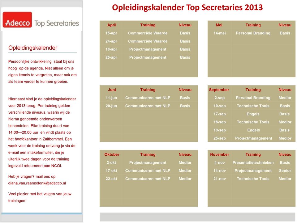 24-apr Commerciële Waarde Basis 18-apr Projectmanagement Basis 25-apr Projectmanagement Basis Juni Training Niveau September Training Niveau Hiernaast vind je de opleidingskalender voor 2013 terug.