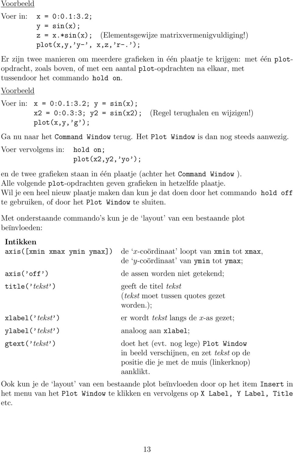 Voorbeeld Voer in: x = 0:0.1:3.2; y = sin(x); x2 = 0:0.3:3; y2 = sin(x2); plot(x,y, g ); (Regel terughalen en wijzigen!) Ga nu naar het Command Window terug.