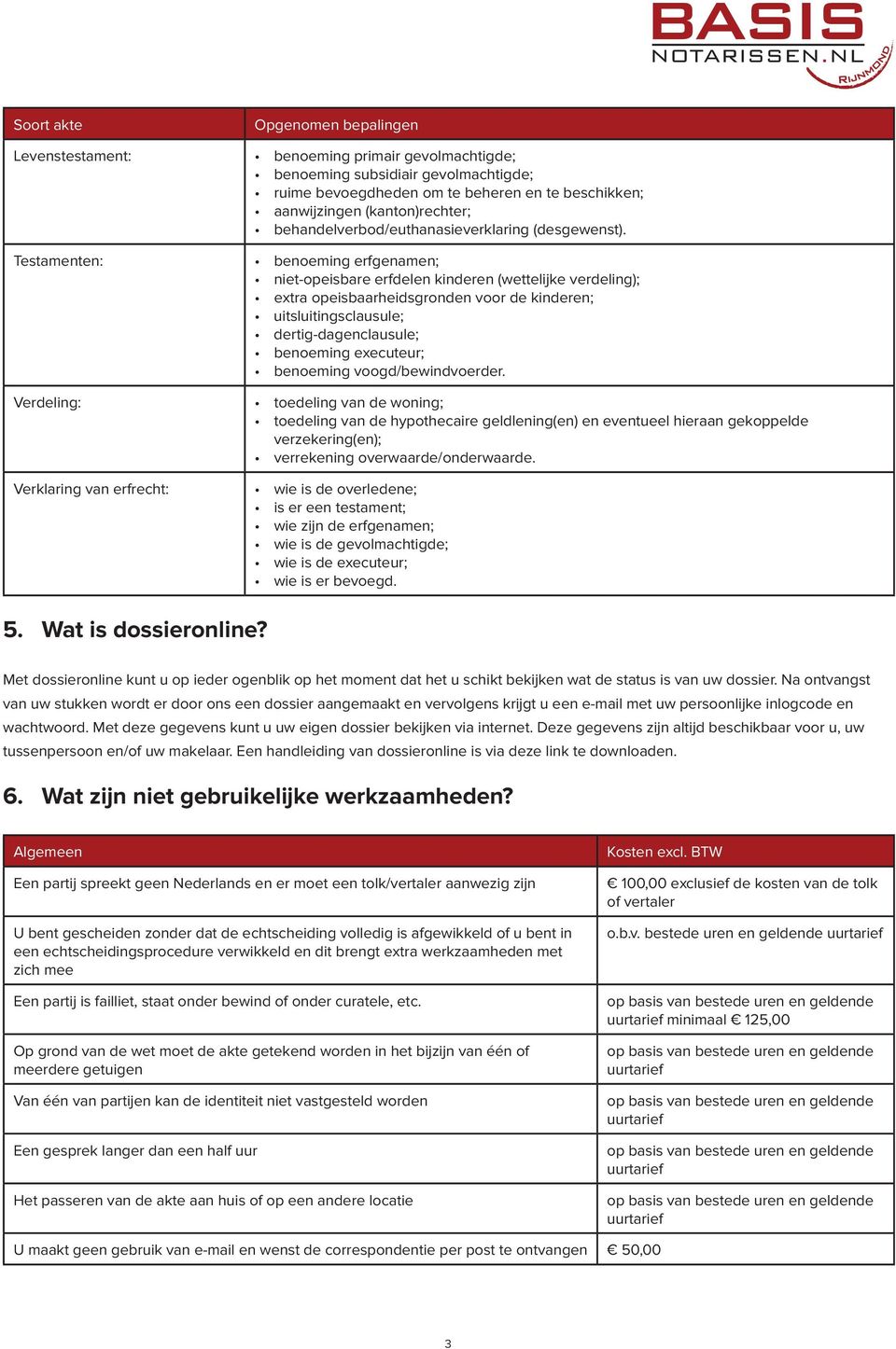 benoeming erfgenamen; niet-opeisbare erfdelen kinderen (wettelijke verdeling); extra opeisbaarheidsgronden voor de kinderen; uitsluitingsclausule; dertig-dagenclausule; benoeming executeur; benoeming