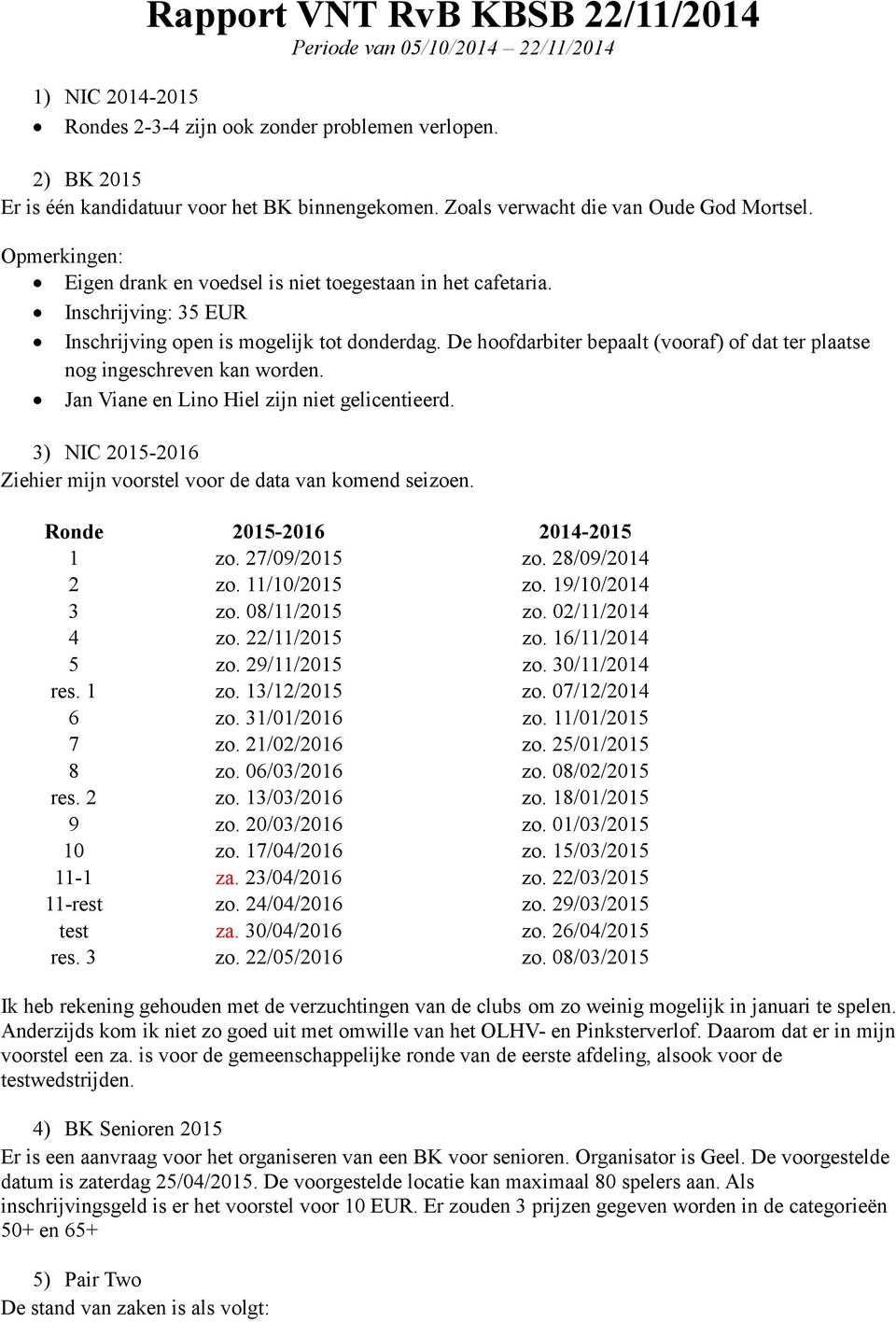 De hoofdarbiter bepaalt (vooraf) of dat ter plaatse nog ingeschreven kan worden. Jan Viane en Lino Hiel zijn niet gelicentieerd. 3) NIC 2015-2016 Ziehier mijn voorstel voor de data van komend seizoen.