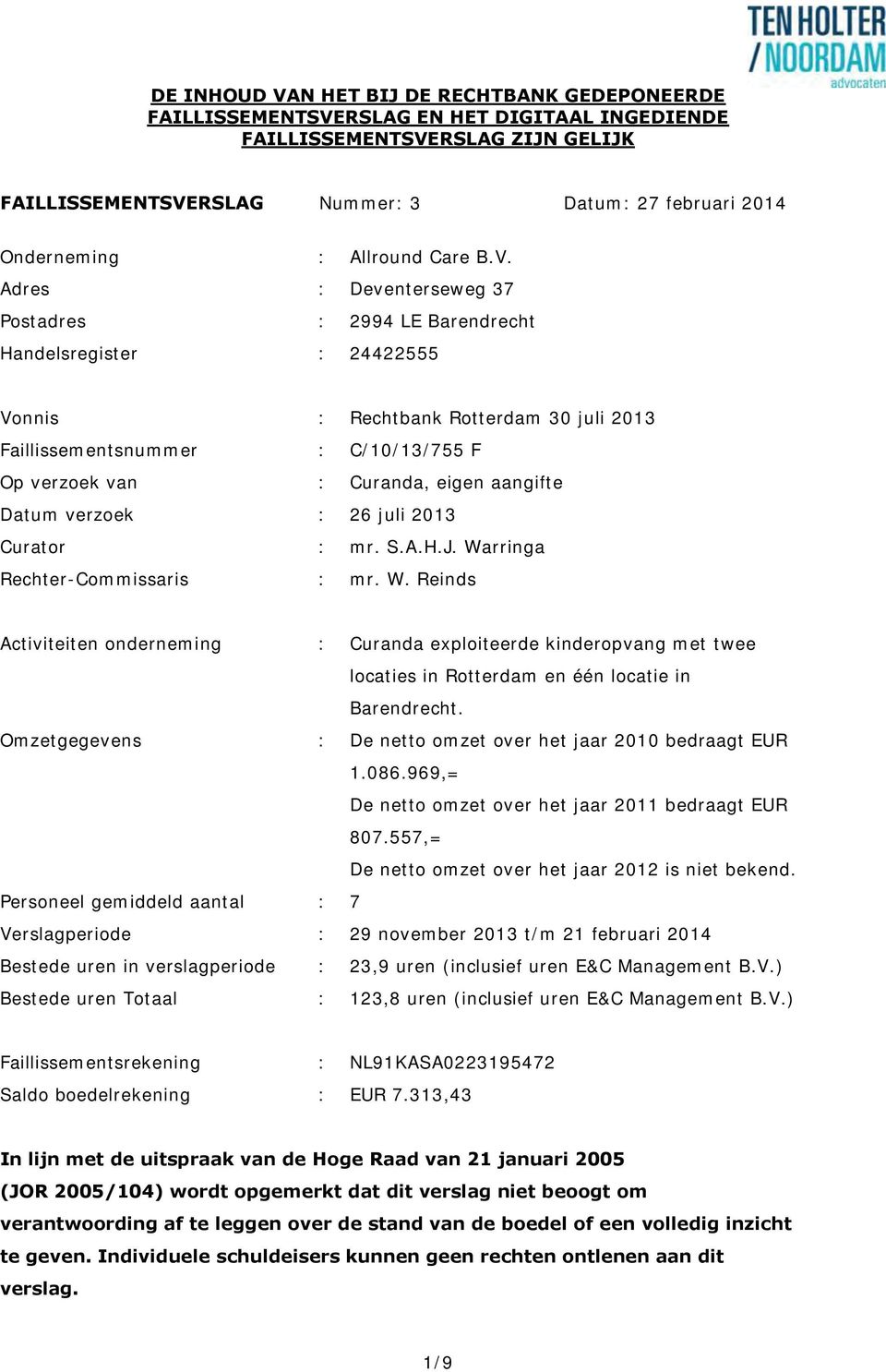 Adres : Deventerseweg 37 Postadres : 2994 LE Barendrecht Handelsregister : 24422555 Vonnis : Rechtbank Rotterdam 30 juli 2013 Faillissementsnummer : C/10/13/755 F Op verzoek van : Curanda, eigen