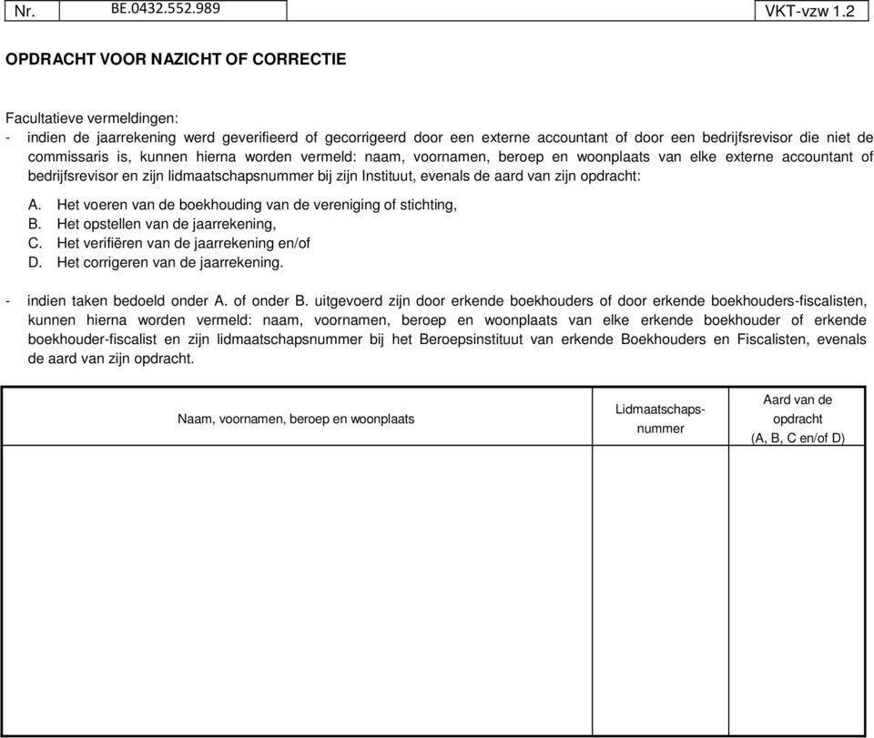 commissaris is, kunnen hierna worden vermeld: naam, voornamen, beroep en woonplaats van elke externe accountant of bedrijfsrevisor en zijn lidmaatschapsnummer bij zijn Instituut, evenals de aard van